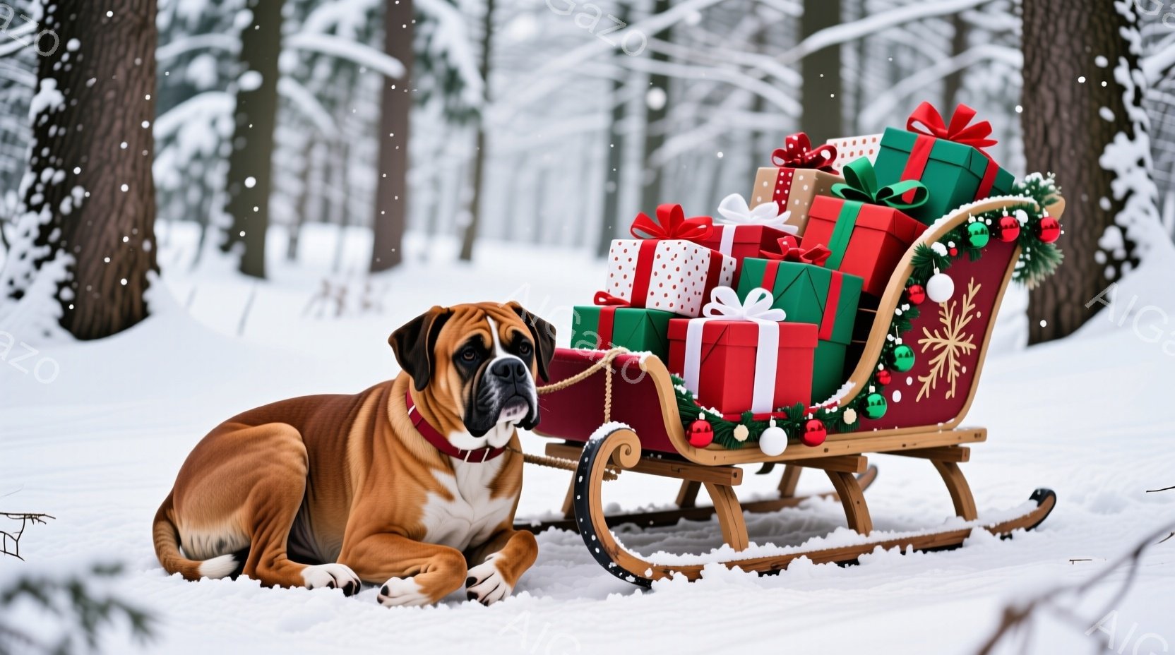 茶色のボクサー犬が雪景色の中で、赤いそりに積み重ねられたプレゼントの横に横たわっています。そりは飾り付けられており、プレゼントにはリボンが結ばれています。背景には雪に覆われた木々があり、全体的に温かく、お祝いの雰囲気です。