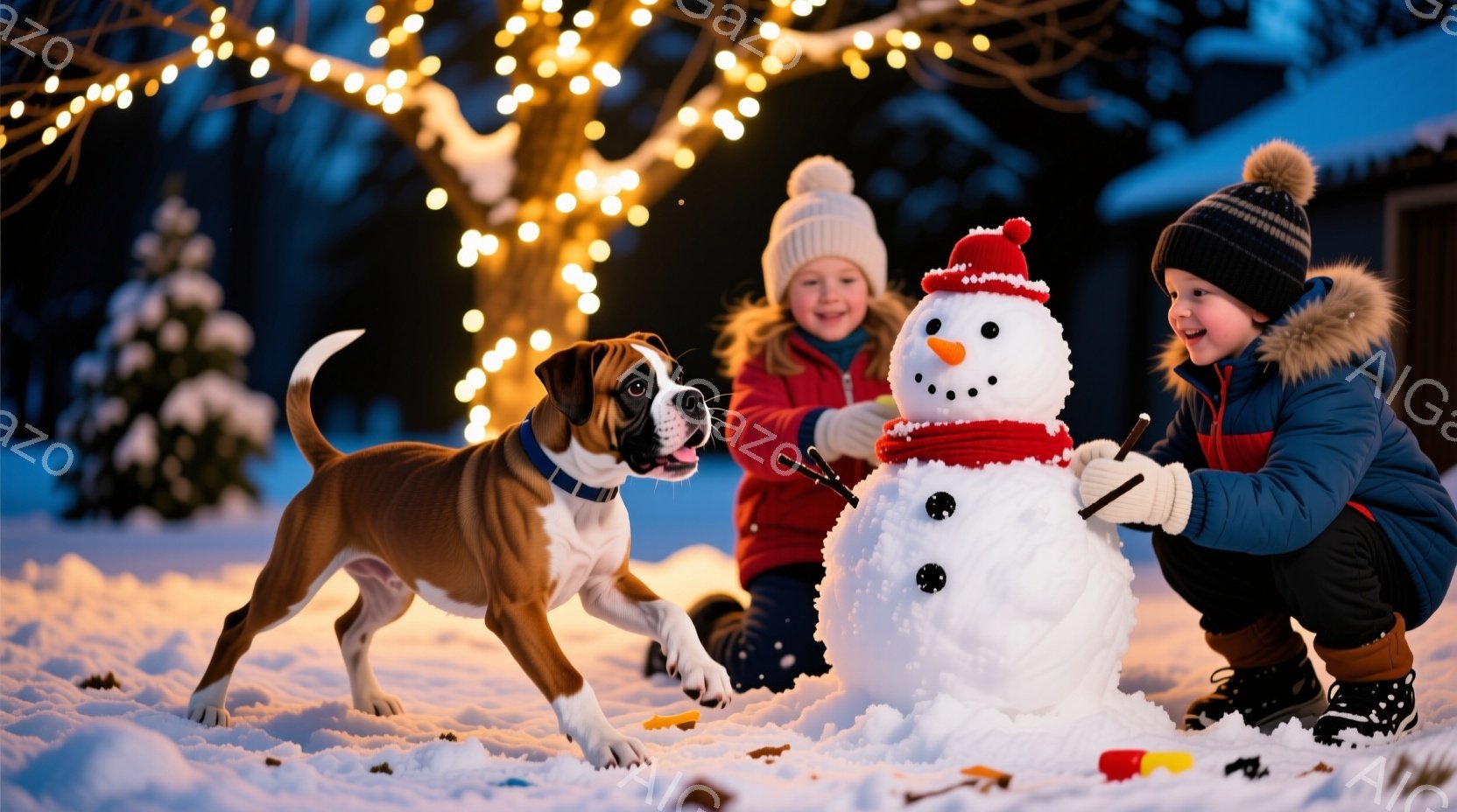 雪景色の中、少年少女と犬が雪だるまを作っている様子が描かれています。少年は青い帽子と黒いブーツを履き、赤いジャケットを着て、雪だるまの顔を作るためにかがんでいます。少女は赤いセーターを着て、雪だるまの - AI生成フリー素材