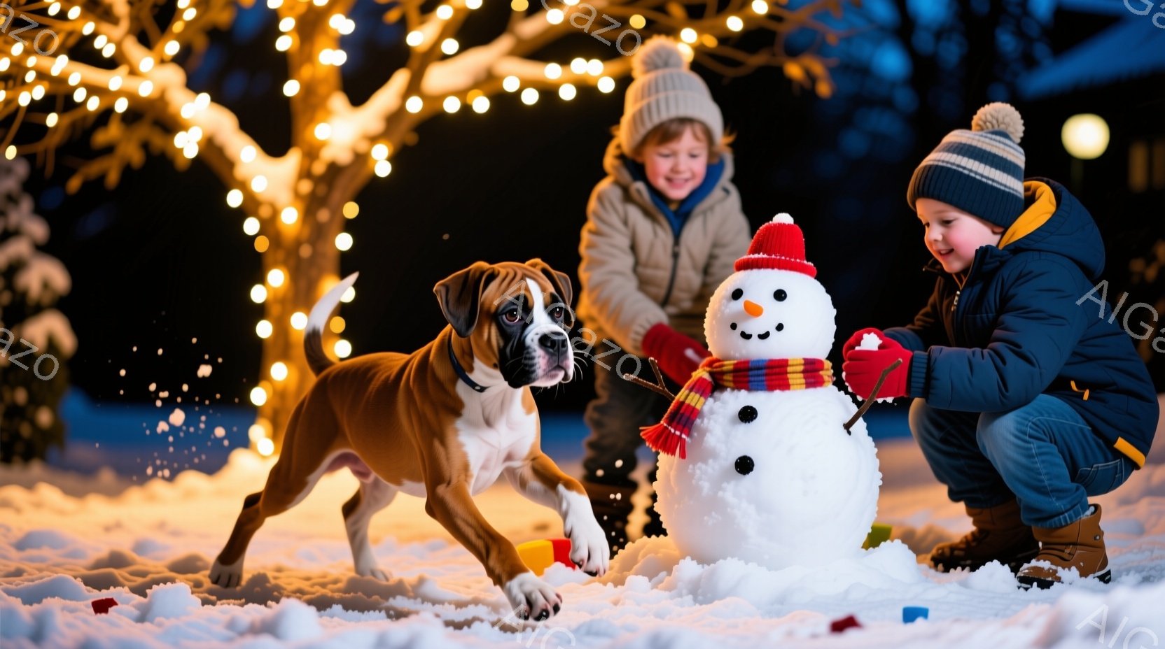 雪景色の中で、少年がスノーマンを作っており、茶色の犬が雪の中で楽しそうに駆け回っています。少年は紺色の冬用ジャケットと帽子をかぶり、スノーマンに赤い鼻と目、そしてストライプのマフラーを付けています。背 - AI生成フリー素材