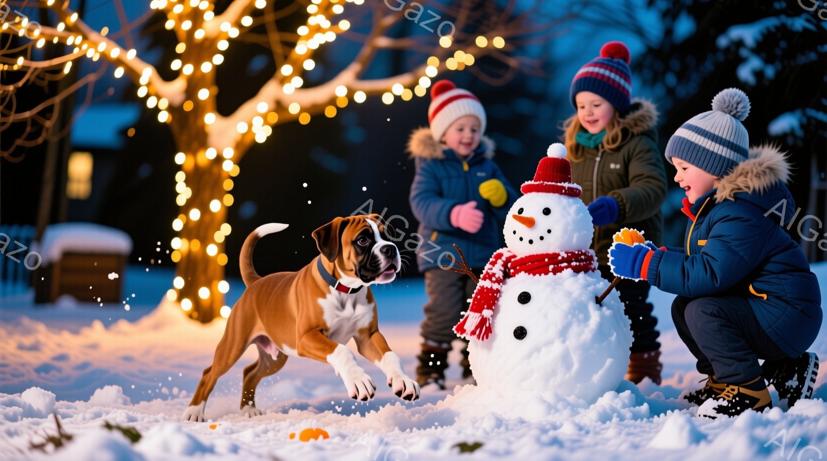 雪景色の中で、二人の子供と犬が雪だるまの周りで楽しそうに遊んでいます。子供たちは冬用の帽子とコートを着ており、片方の子供は雪だるまに鼻をつけるためにかがんでいます。背景には、キラキラと光るライトに飾ら - AI生成フリー素材