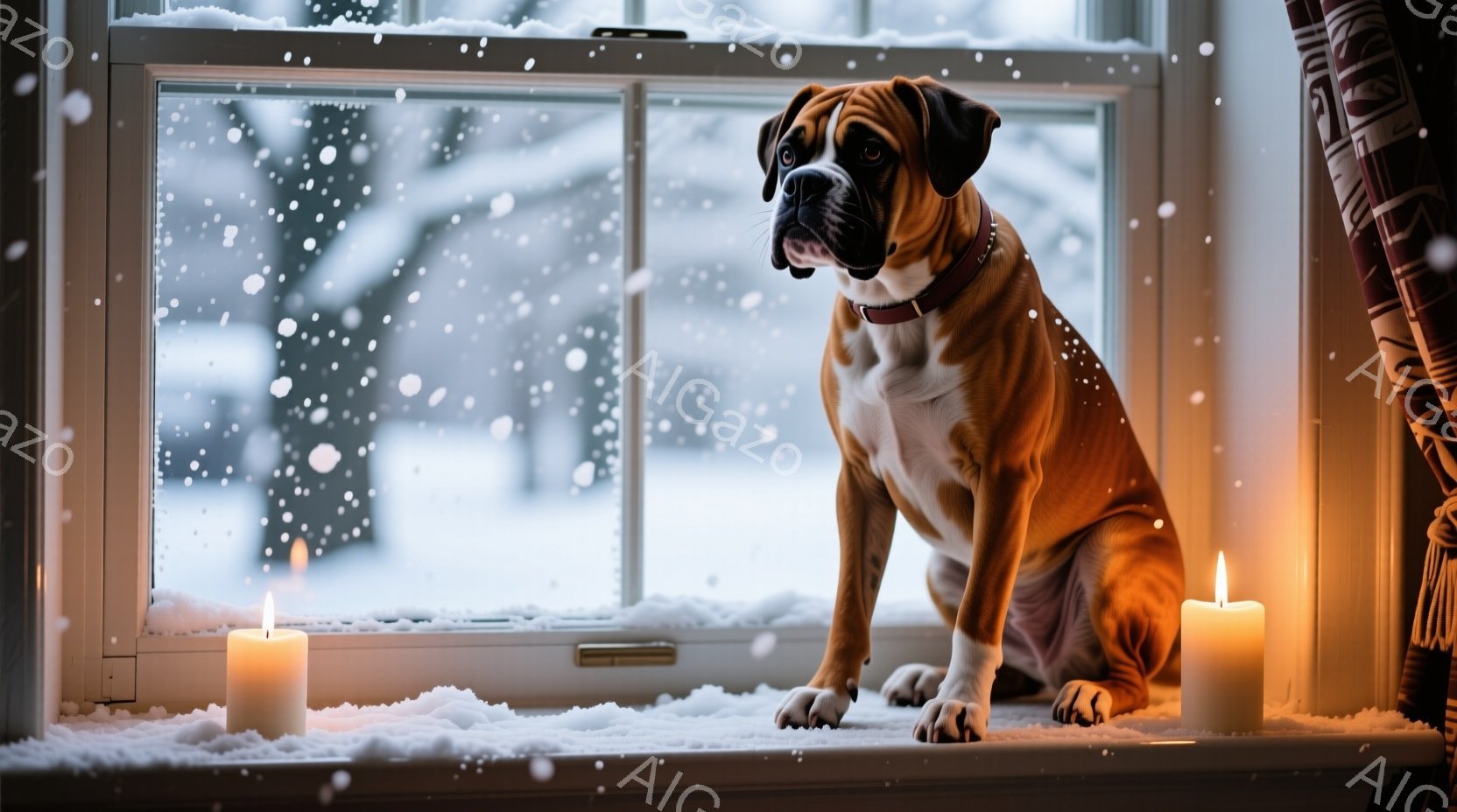 雪が降り積もる窓辺に、茶色と白のボクサー犬が座っています。犬は赤い首輪をつけており、少し憂いを含んだ表情で外を見つめています。窓の外は一面の雪景色で、暖かく灯された二本のキャンドルが犬の周りを照らし、 - AI生成フリー素材