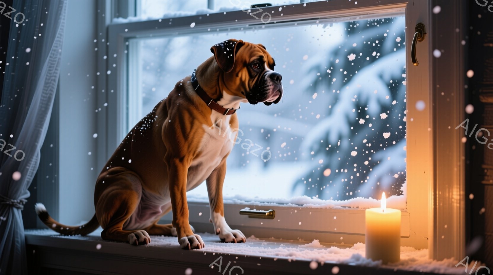 雪が降る窓辺に、茶色のボクサー犬が座って外を眺めています。犬は首輪をつけており、少し憂いを帯びた表情をしています。窓の外には雪景色が広がり、室内には暖かそうなロウソクの光が灯っており、静かで穏やかな冬 - AI生成フリー素材