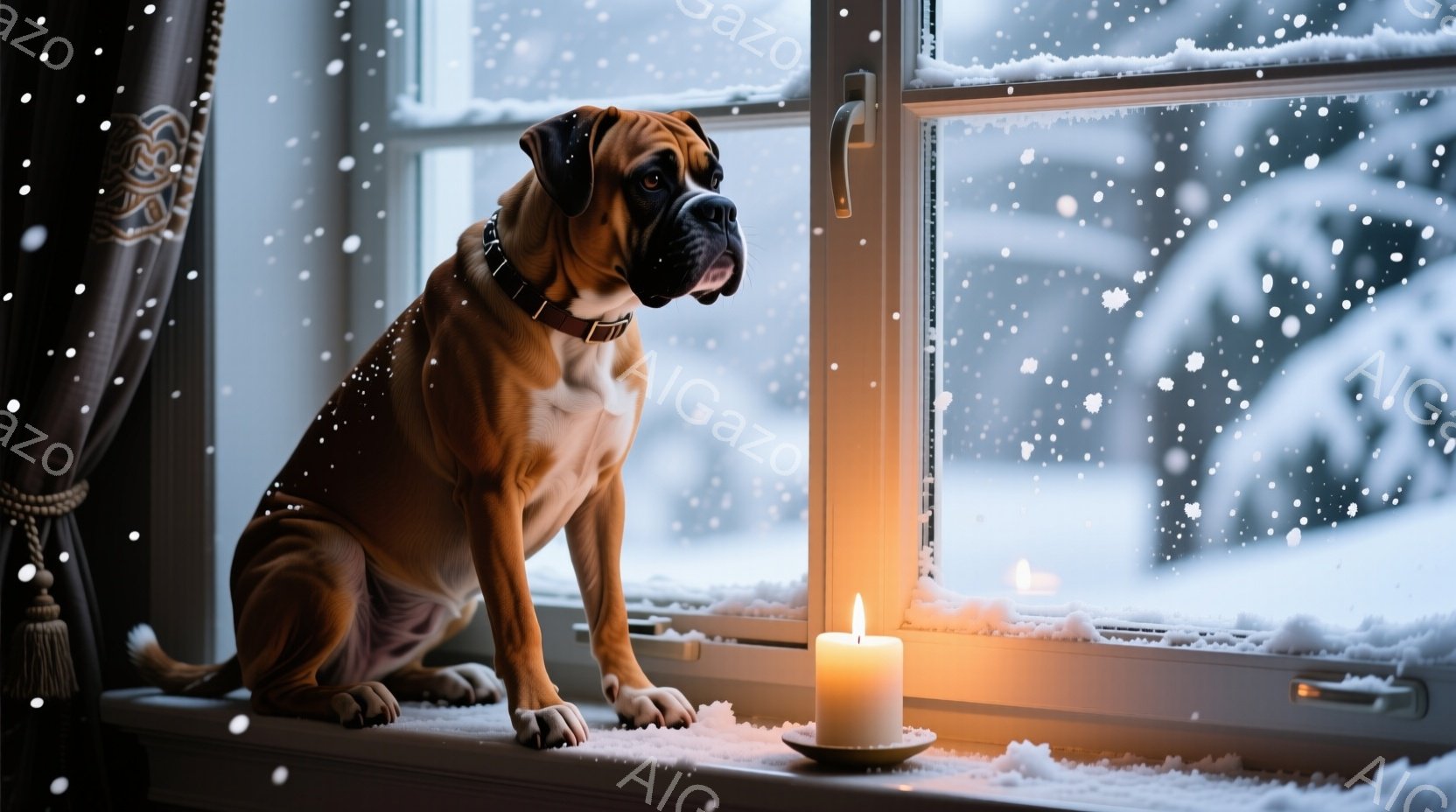 窓辺に座るブラウン色のボクサー犬が描かれています。外は雪が降り積もり、白い景色が広がっています。暖かく灯されたキャンドルが犬のそばに置かれ、静かで穏やかな冬の雰囲気を醸し出しています。 - AI生成フリー素材