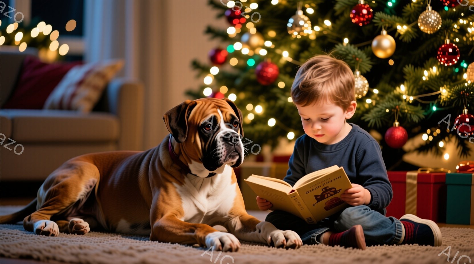 小さな少年が床に座り、膝を抱えて本を読んでいます。隣には大きなボックス犬が横たわり、少年の様子を穏やかに見守っています。背景にはクリスマスツリーが飾られ、プレゼントの箱が置かれ、温かく穏やかなクリスマ - AI生成フリー素材