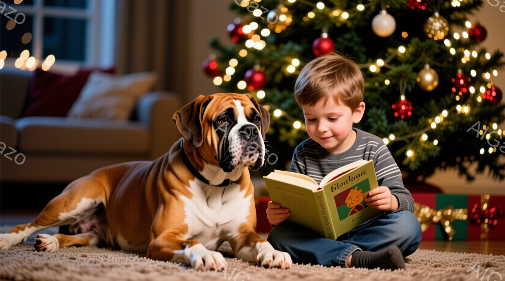 少年はカーペットの上に座り、膝の上で本を読んでいます。彼は短髪で、真剣な表情で本に集中しています。背景にはクリスマスツリーが飾られ、大きな犬が少年の横に寄り添っています。 - AI生成フリー素材