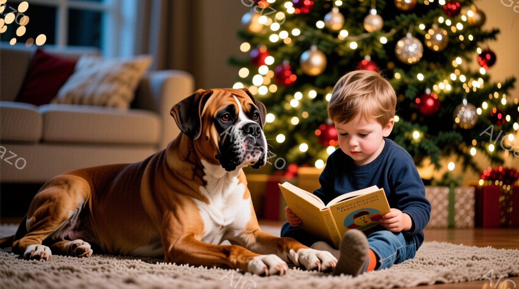 少年は床に座り、膝を曲げて本を熱心に読んでいます。茶色のボックス犬が少年の横に横たわり、本に興味を持っているように見えます。背景にはクリスマスツリーが飾られ、部屋全体が暖かく、穏やかな雰囲気に包まれて - AI生成フリー素材