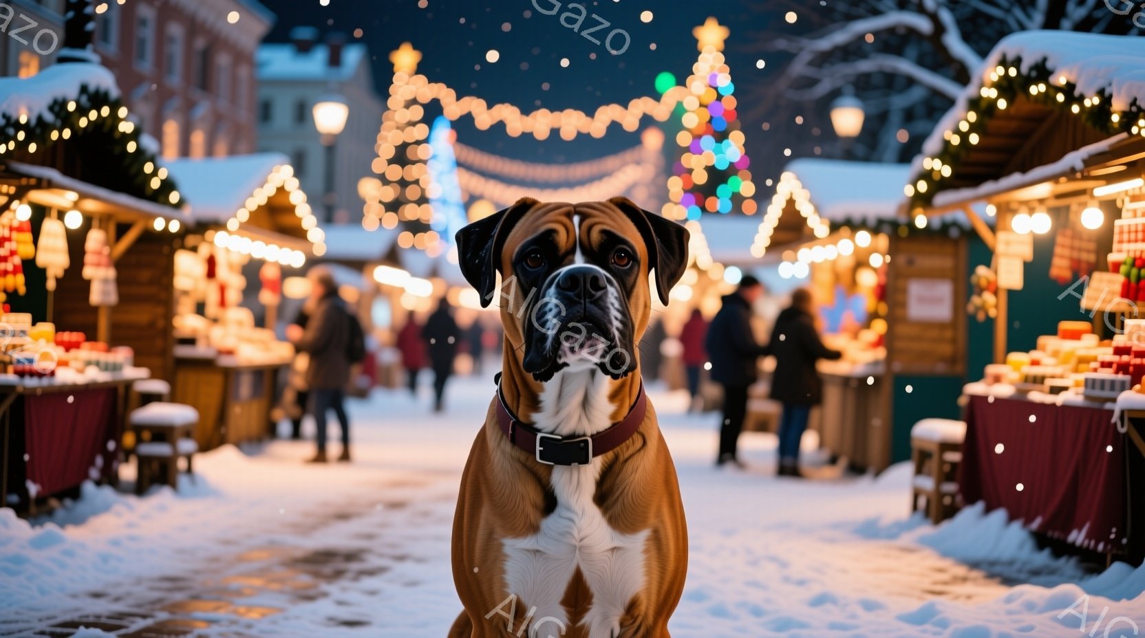 茶色と白の毛並みのボクサー犬が、雪が降るクリスマスマーケットの前に座っています。犬は茶色の首輪をつけており、正面を見つめて少し警戒した表情をしています。背景には、クリスマスツリーや装飾が施された屋台が - AI生成フリー素材