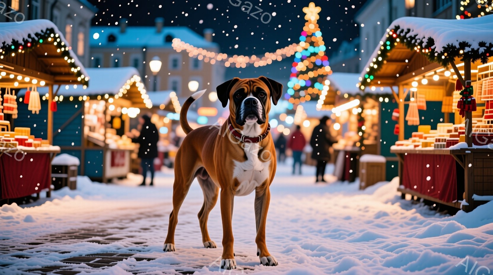 凍てつく冬の夜、ボックス犬が雪に覆われた石畳の道に堂々と立っている。背景にはクリスマスの飾り付けがされた屋台が並び、人々が暖かく光る光の中で賑わっている。雪が舞い散る中、犬は前方をまっすぐ見つめ、厳かで、力強い印象を与える。