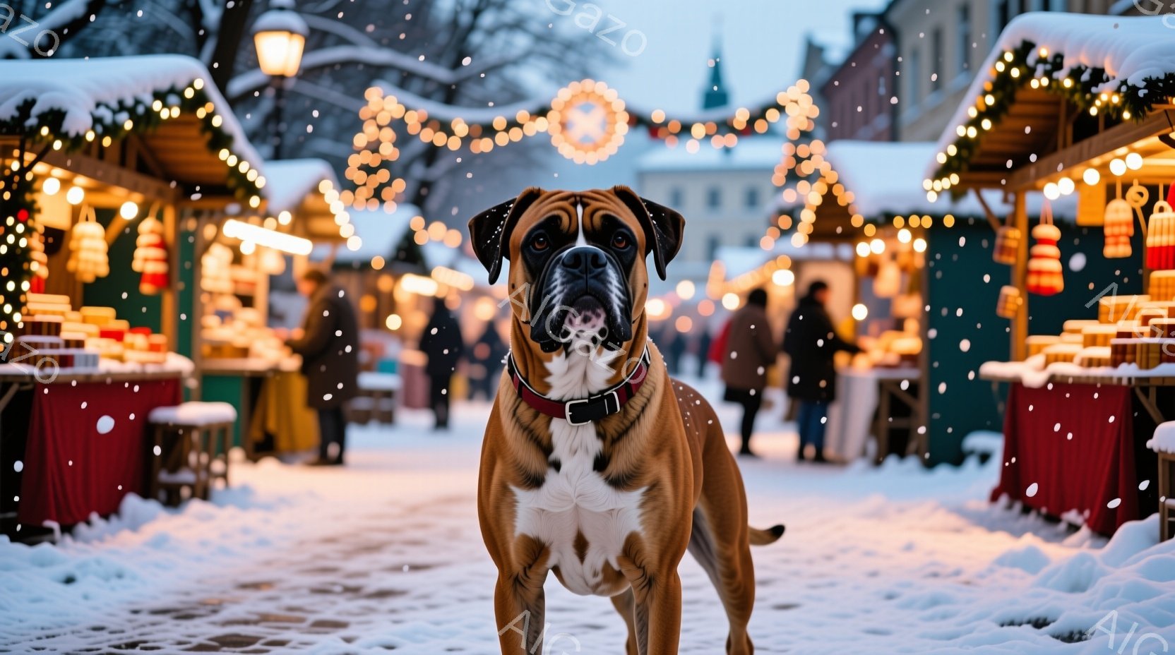 ぼんやりとした雪景色の中に、茶色と白のボクサー犬が正面を向いて立っている。犬は赤い首輪をつけており、表情は穏やかで少し警戒しているように見える。背景には、クリスマスマーケットのような賑やかな小屋が並び、キラキラと輝くイルミネーションと雪が幻想的な雰囲気を醸し出している。