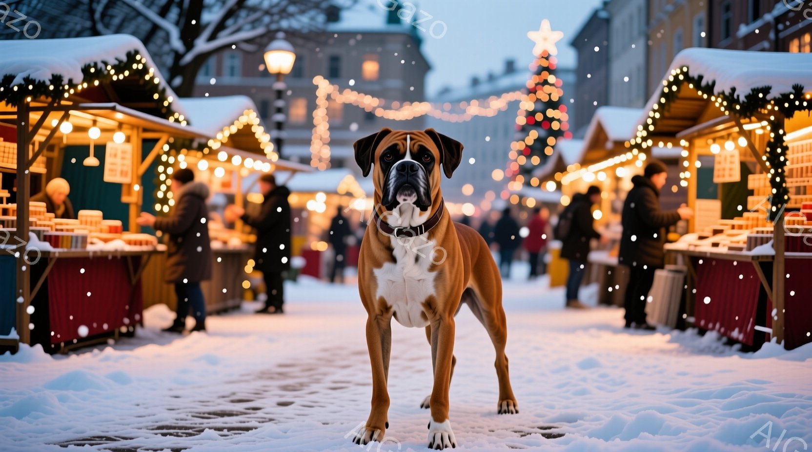 霜降る夜のクリスマスマーケットの前に、堂々とした姿勢でボクサー犬が立っている。背景には、ライトアップされた建物と屋台が並び、人々が楽しそうに歩き回っているのが見える。雪が舞い降りる、暖かく幻想的な冬の - AI生成フリー素材
