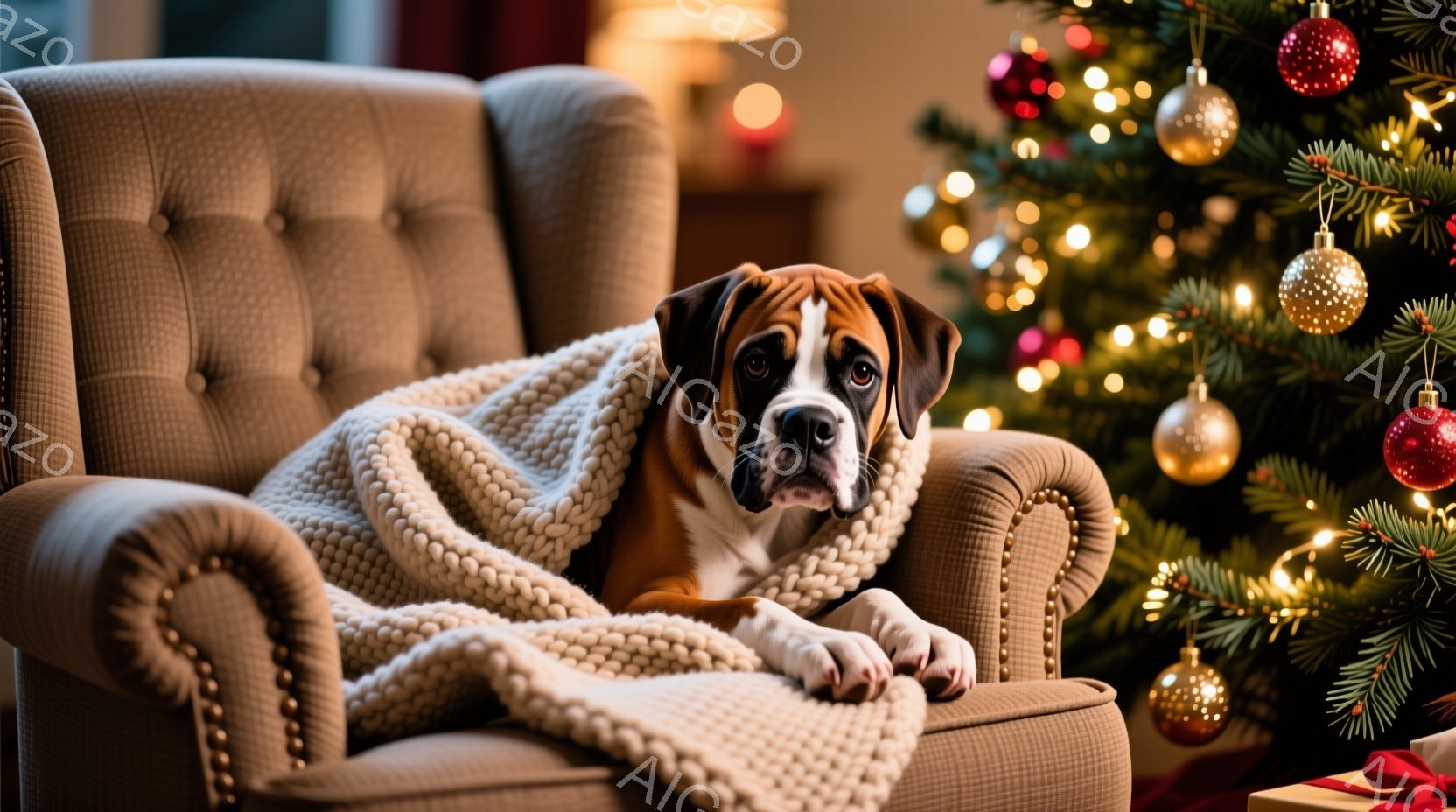 優しいベージュ色の肘掛け椅子に、ボックス犬がリラックスして座っています。犬は首に編み物のスカーフを巻き、穏やかな表情で正面を見ています。背景には、クリスマスツリーが飾られ、暖かく心地よい祝日の雰囲気が - AI生成フリー素材
