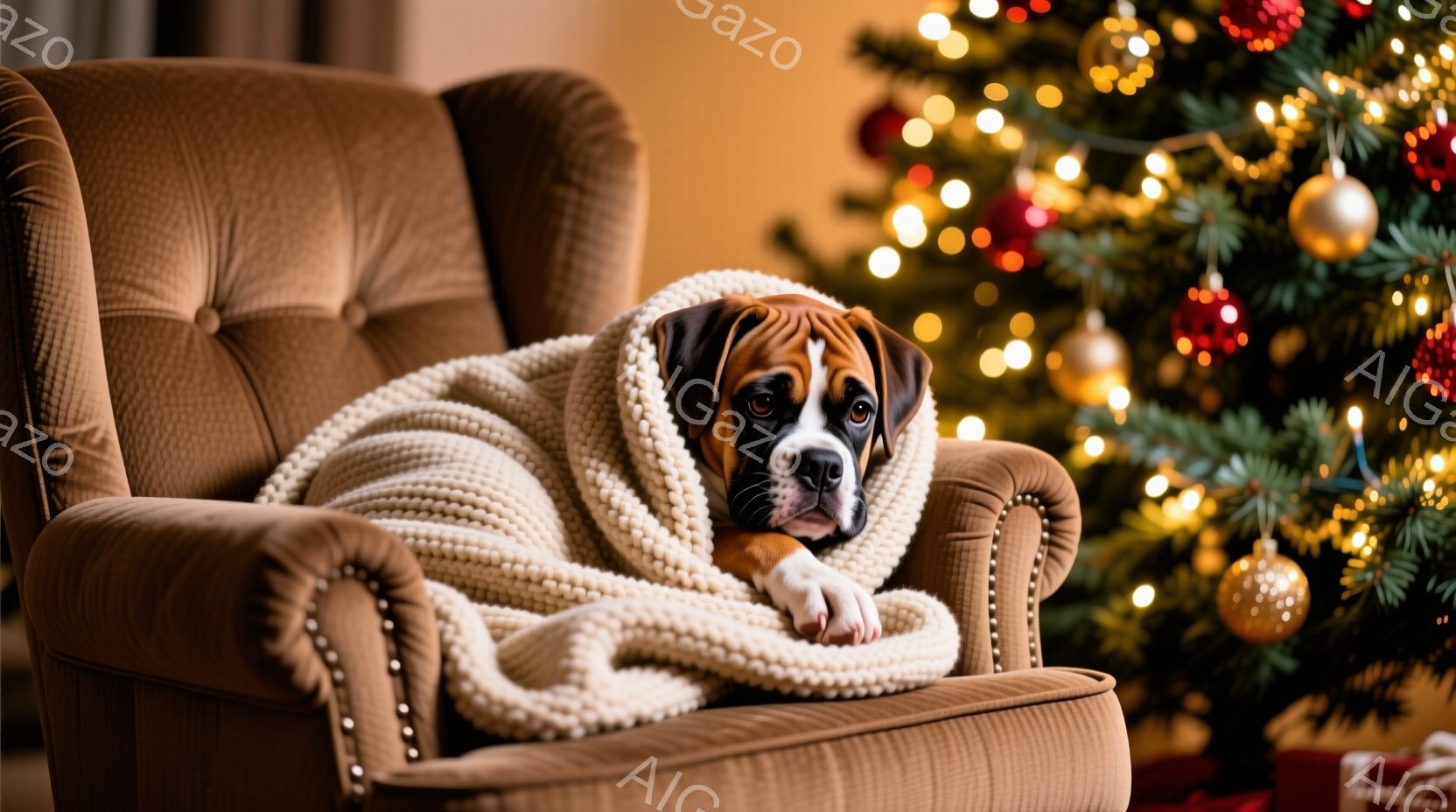 暖炉のそばにある茶色の肘掛け椅子に、クリーム色のニットブランケットに包まれたボクサー犬が横たわっています。犬はリラックスした表情で、少し眠たげな様子です。背景にはクリスマスツリーが飾られ、温かく居心地 - AI生成フリー素材