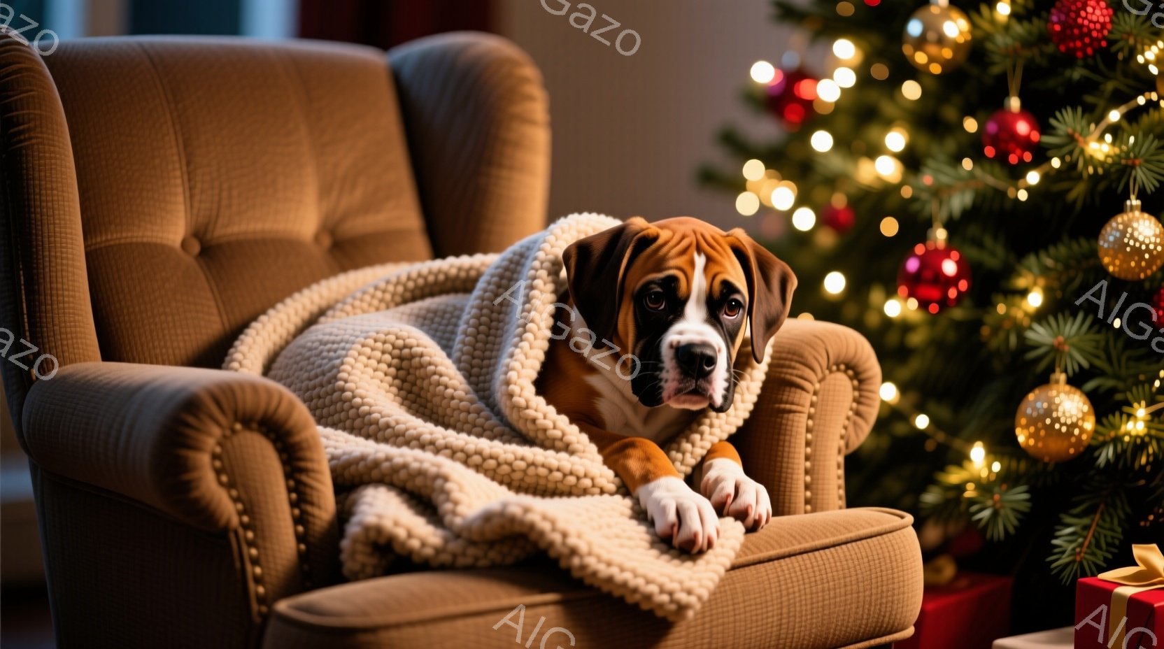 暖炉のそばの肘掛け椅子に包まれた茶色の犬が、リラックスした表情でこちらを見ています。犬は柔らかいクリーム色のブランケットに包まれ、落ち着いた雰囲気の中で静かに座っています。背景にはクリスマスツリーが輝 - AI生成フリー素材
