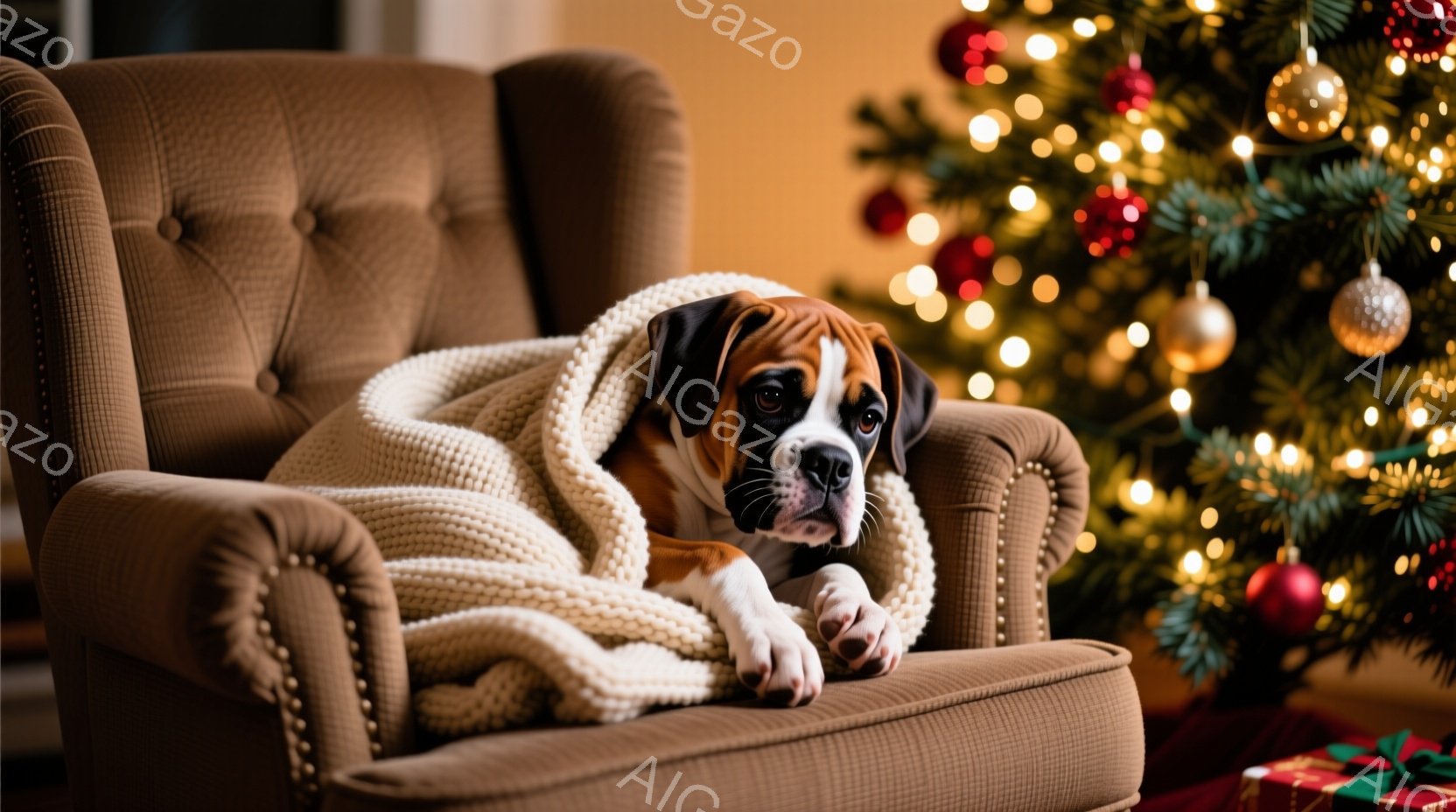 暖炉のそばにある大きな革張りの椅子に、子犬が丸まって座っています。子犬はクリーム色のニットのブランケットに包まれ、少し憂いを帯びた表情で正面を見ています。背景には、ぼやけたクリスマスツリーとプレゼント - AI生成フリー素材