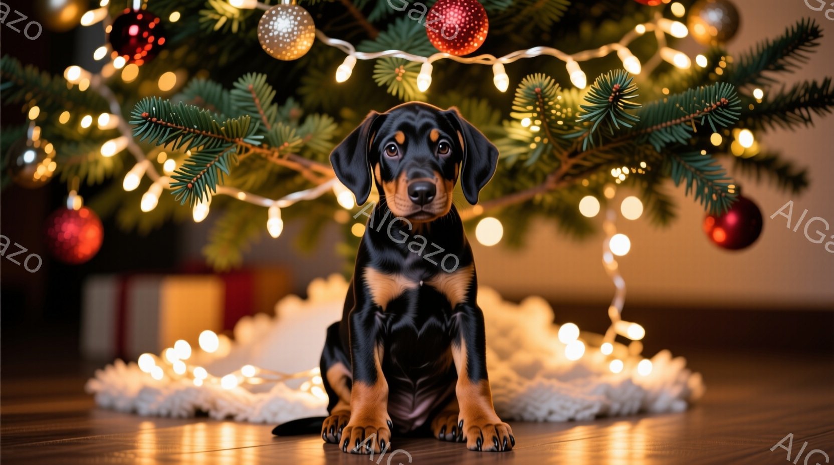 黒と茶色の毛並みを持つ子犬が、クリスマスツリーの下に座っています。ツリーは明るい電飾で飾られ、白いフリースのような敷物が敷かれています。全体的に暖かく、お祝いの雰囲気で、子犬の大きな瞳が観客に寄り添うように見つめています。