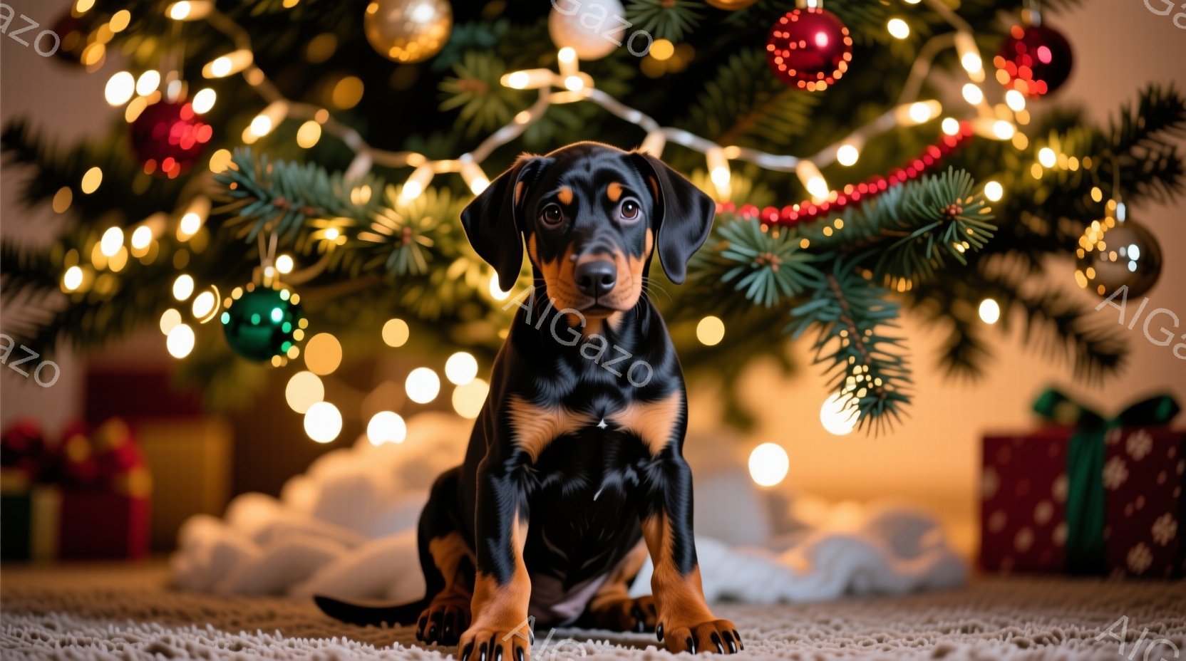 黒と焦げ茶色の毛並みを持つ子犬が、クリスマスツリーの下で座ってこちらを見ています。背景には、明るい光のイルミネーションが輝き、白いラグの上にラッピングされたプレゼントがいくつか置かれています。暖かく、 - AI生成フリー素材