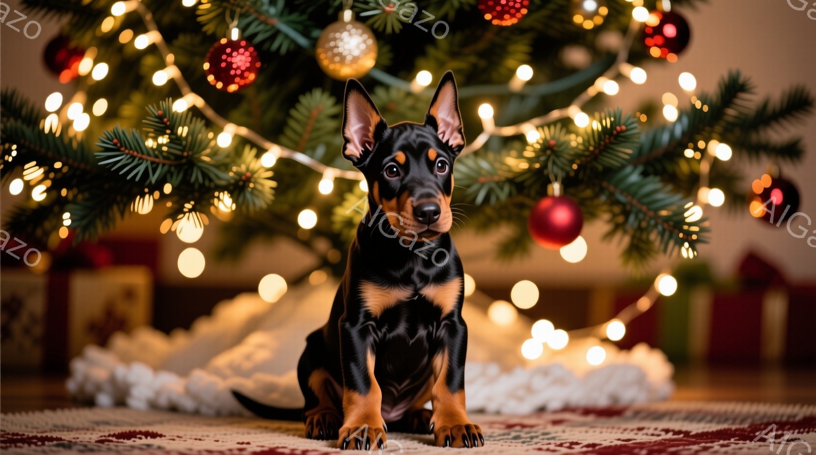黒と焦げ茶色のテリアの子犬が、クリスマスツリーの下のカーペットの上に座って正面を見つめている。ツリーはオーナメントとキラキラ光るライトで飾られ、その下にはプレゼントがいくつか置かれている。暖かく、お祝いムードに包まれた、居心地の良い冬のシーンだ。