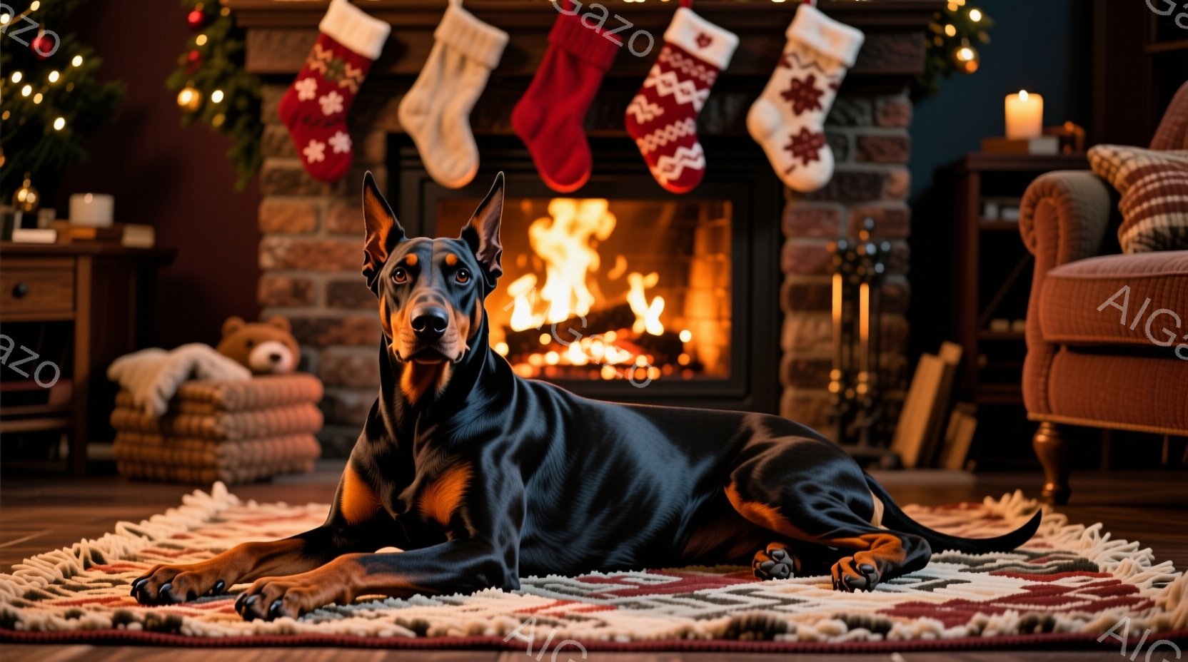 暖炉の前で、黒く光沢のあるドーベルマンが赤い幾何学模様のラグの上に横たわっています。暖炉は燃え盛っており、クリスマスソックスが暖炉の上のレンガ壁に飾られています。部屋は暖かく居心地の良い雰囲気で、クリ - AI生成フリー素材