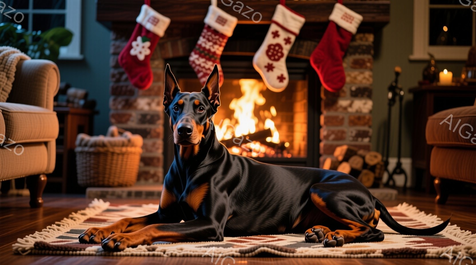 黒く光沢のあるドーベルマンが、カラフルな模様のラグの上にリラックスして横たわっています。暖炉の炎が暖かく照らし、背景にはクリスマスストッキングが飾られています。部屋は温かく居心地の良い雰囲気で、まるで - AI生成フリー素材