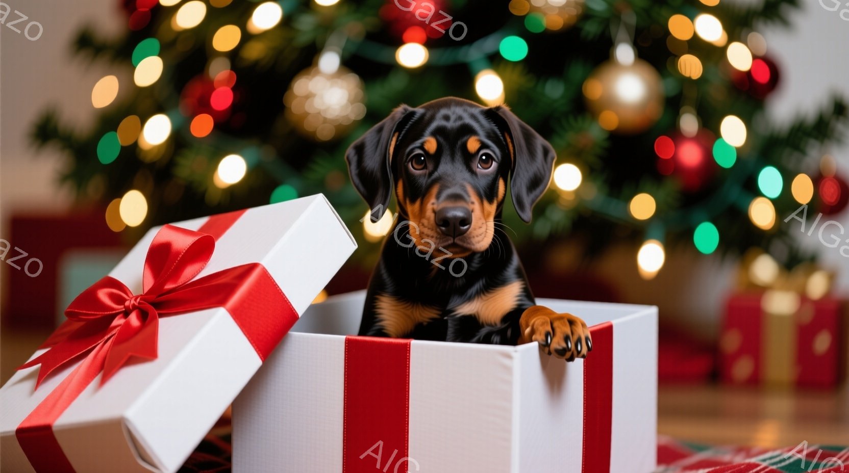 黒と茶色の毛並みを持つ子犬が、赤いリボンで飾られた白いギフトボックスから顔と前足を覗かせています。背景には、ぼやけたクリスマスツリーとキラキラ光る電飾が見え、温かくお祝いの雰囲気を作り出しています。フ - AI生成フリー素材