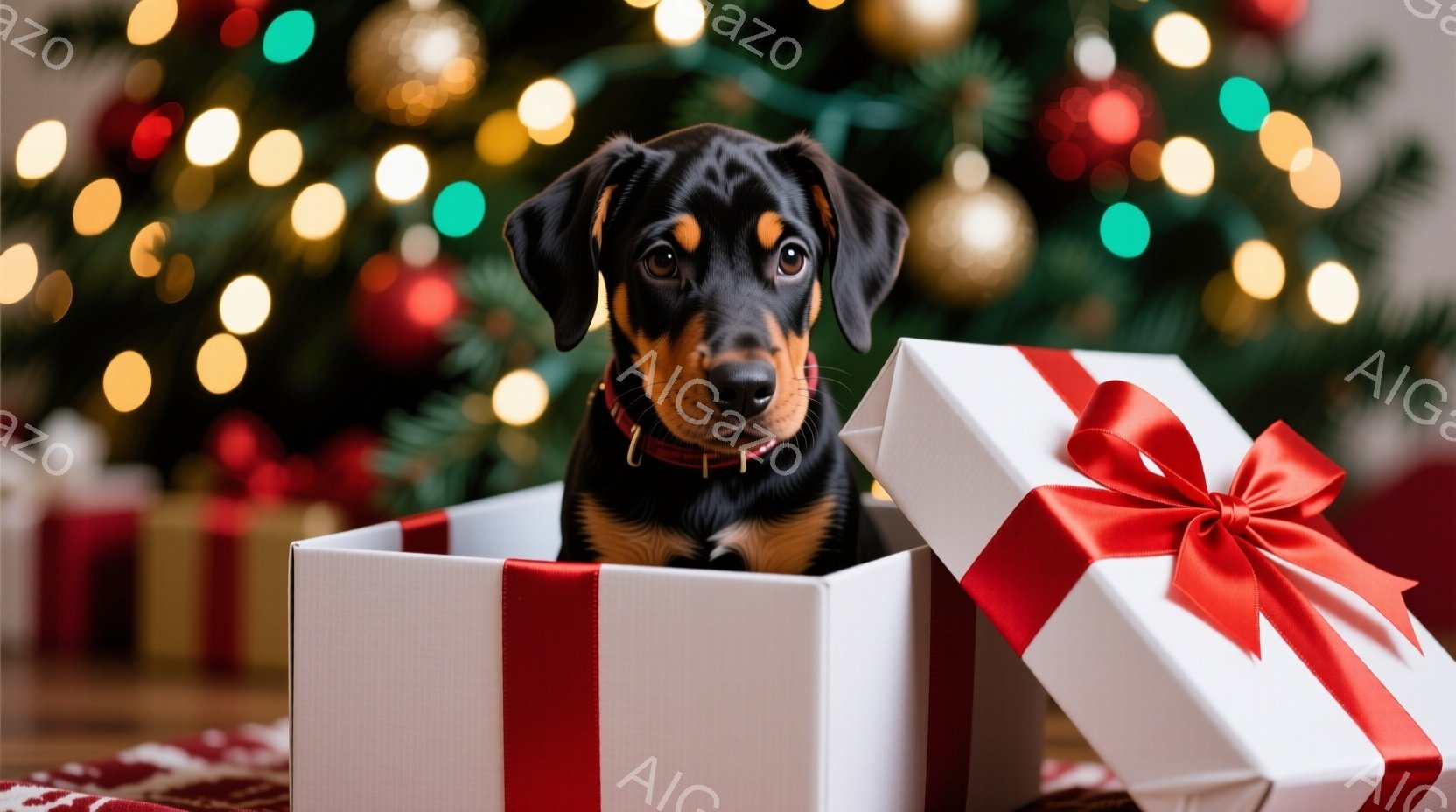 黒と茶色のテリア犬が、赤いリボンで飾られた白いギフトボックスの中に座っています。犬は好奇心と遊び心に満ちた表情で、カメラを見つめています。背景にはぼやけたクリスマスツリーと装飾が広がり、暖かくお祝いム - AI生成フリー素材