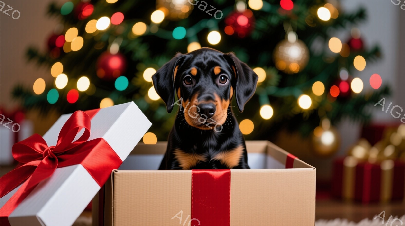 黒と茶色のダックスフントがクリスマスツリーの枝に手を伸ばし、赤いオーナメントを掴もうとしています。背景には暖炉があり、壁にはクリスマスソックスが飾られており、室内は温かく、お祝いの雰囲気に包まれていま - AI生成フリー素材