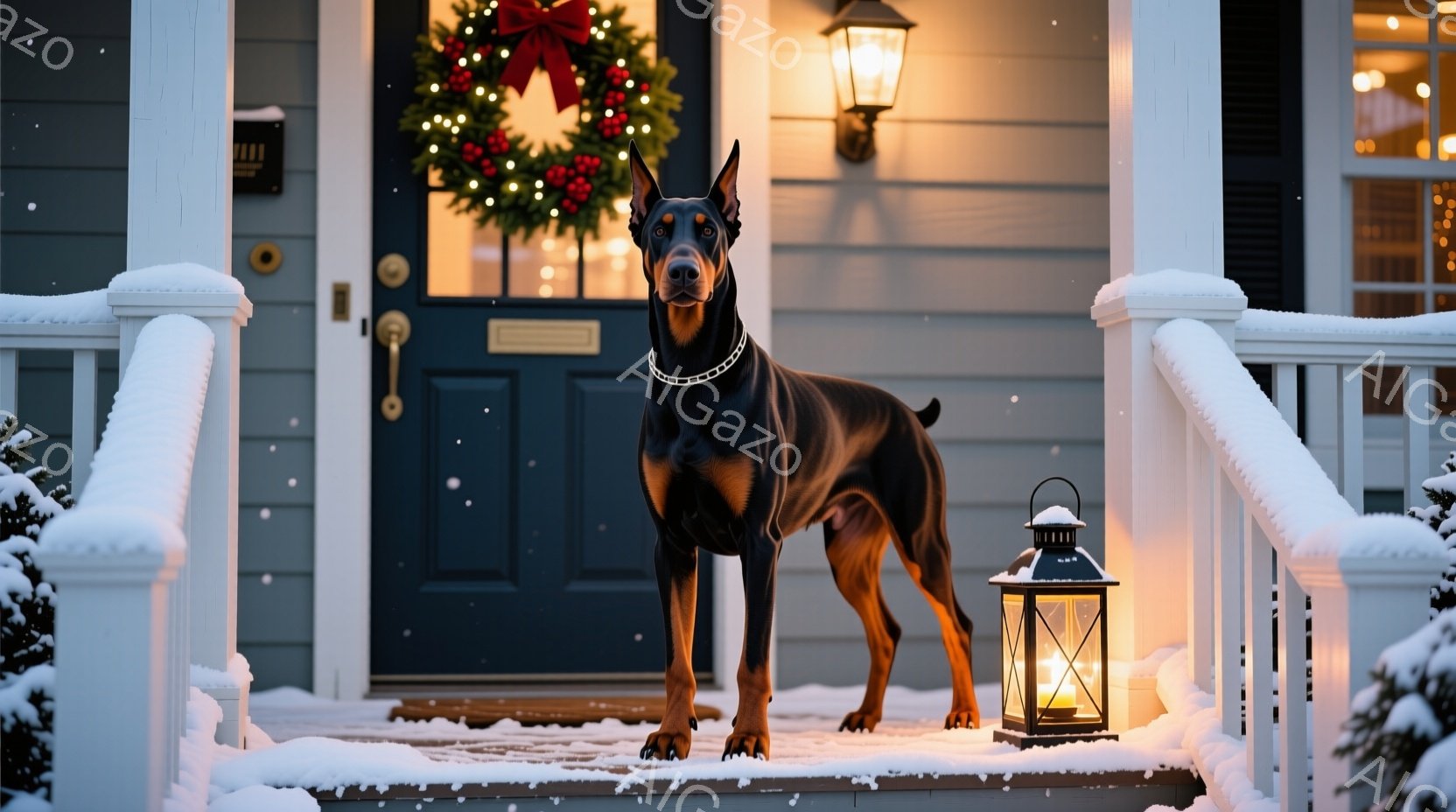 紺色のドアと白い手すりのある家の階段に、ドーベルマンが凛々と立っている。雪が降り積もり、家の玄関にはクリスマスリースが飾られ、階段のそばには点灯したランタンが置かれていることで、冬の暖かい雰囲気が漂っ - AI生成フリー素材