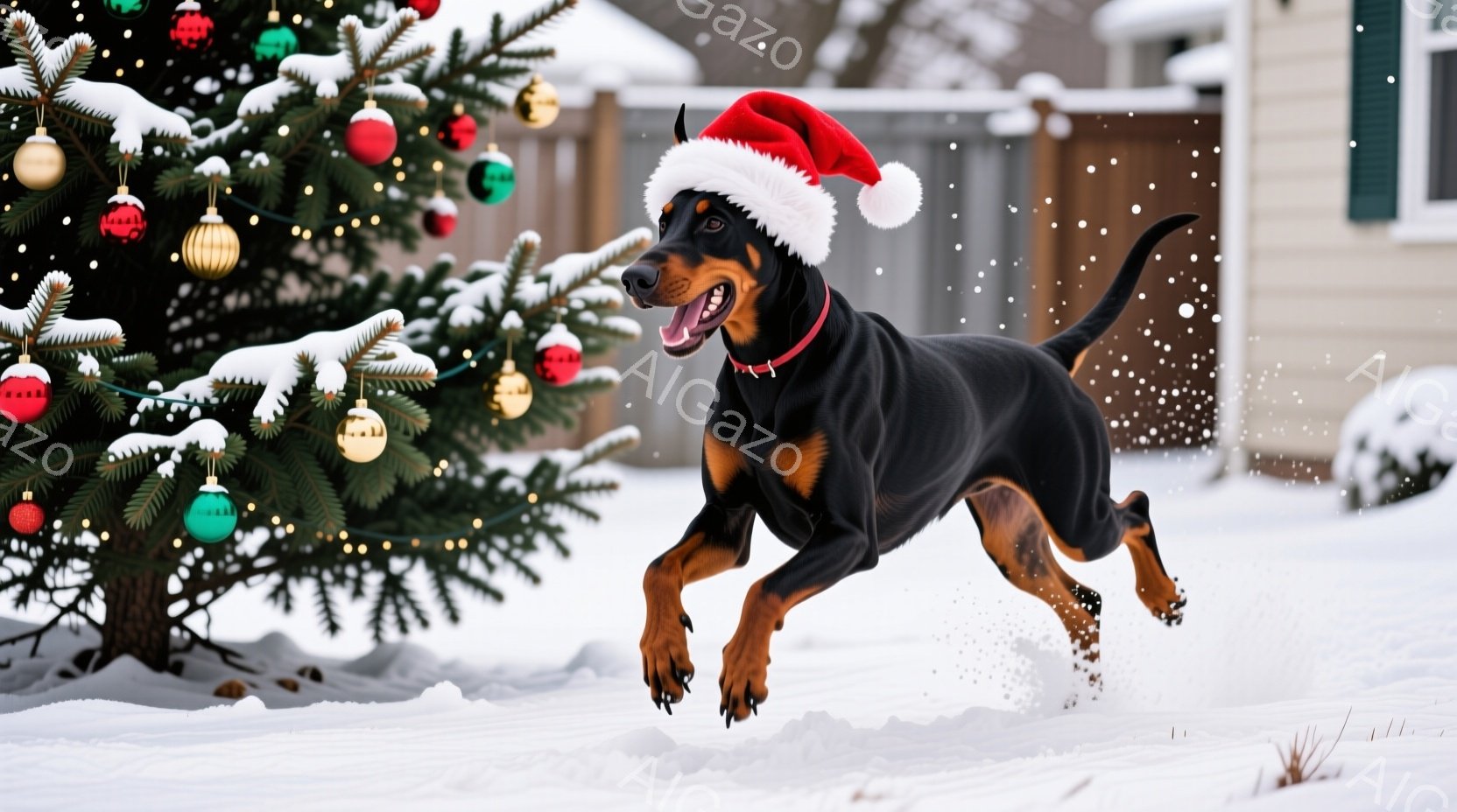 黒いドーベルマン犬が雪の中を活発に飛び跳ねています。頭にはサンタクロースの帽子をかぶり、喜びと興奮に満ちた表情で、雪が舞う冬の景色を楽しんでいる様子が伺えます。背景にはクリスマスツリーが飾られ、雪景色 - AI生成フリー素材
