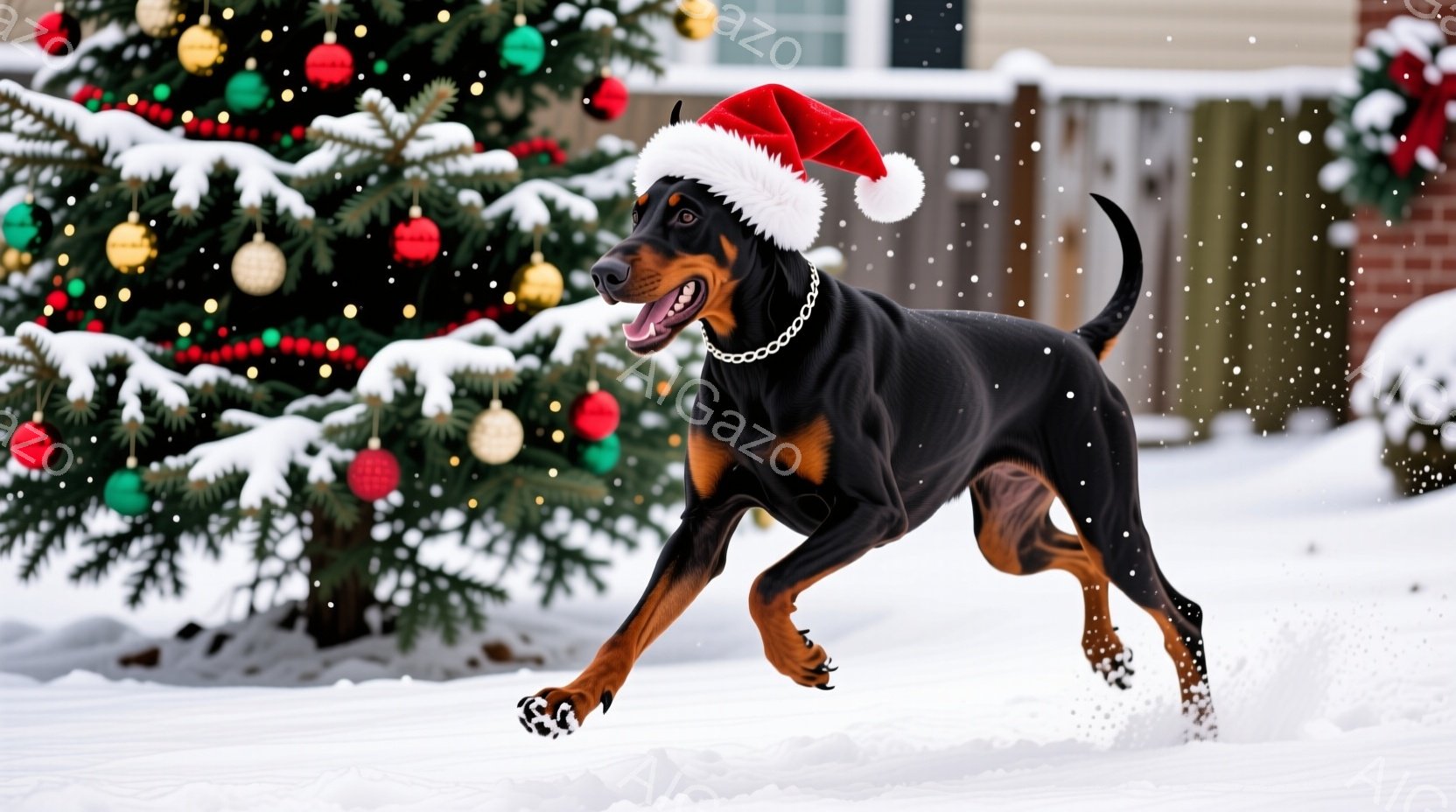 黒いドーベルマンが雪景色の中を走り、頭には赤いサンタ帽をかぶっている。背景にはクリスマスツリーが飾られ、雪が舞う冬の暖かく楽しい雰囲気が漂っている。犬は口を開けて楽しそうに走り、雪煙を上げている様子か - AI生成フリー素材
