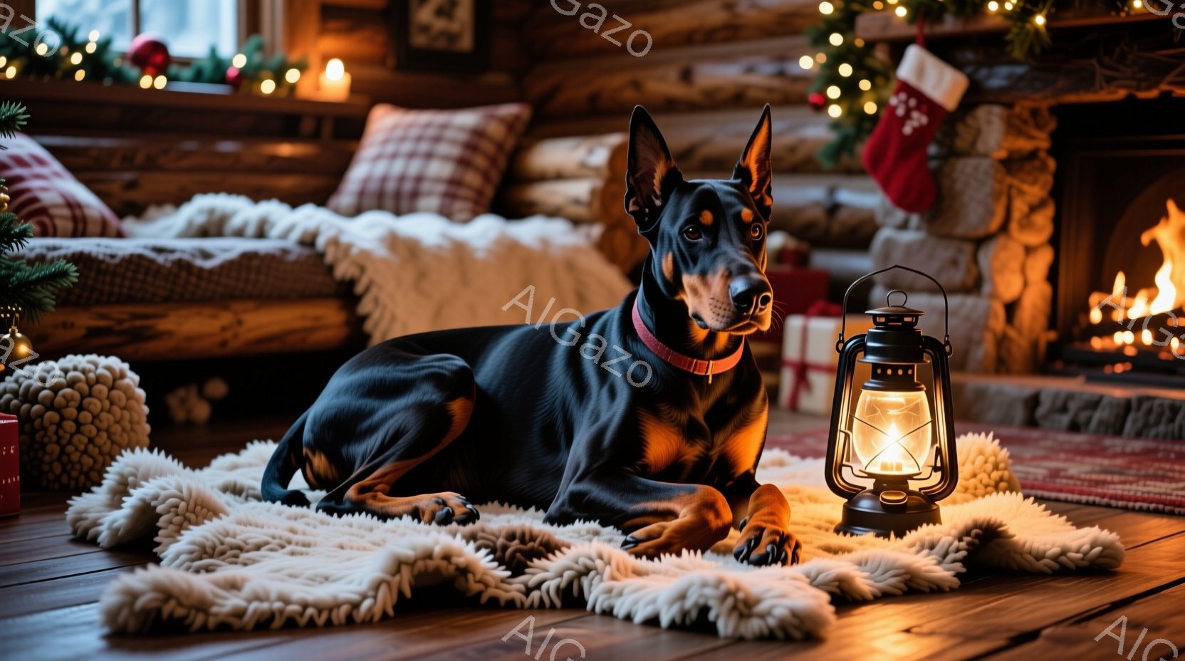 黒いドーベルマン犬が白い毛皮のようなラグの上に横たわっています。背景には暖炉があり、クリスマスの装飾が施された部屋全体が温かく、居心地の良い雰囲気を醸し出しています。ランプが犬の隣に置かれ、暖炉の火が - AI生成フリー素材