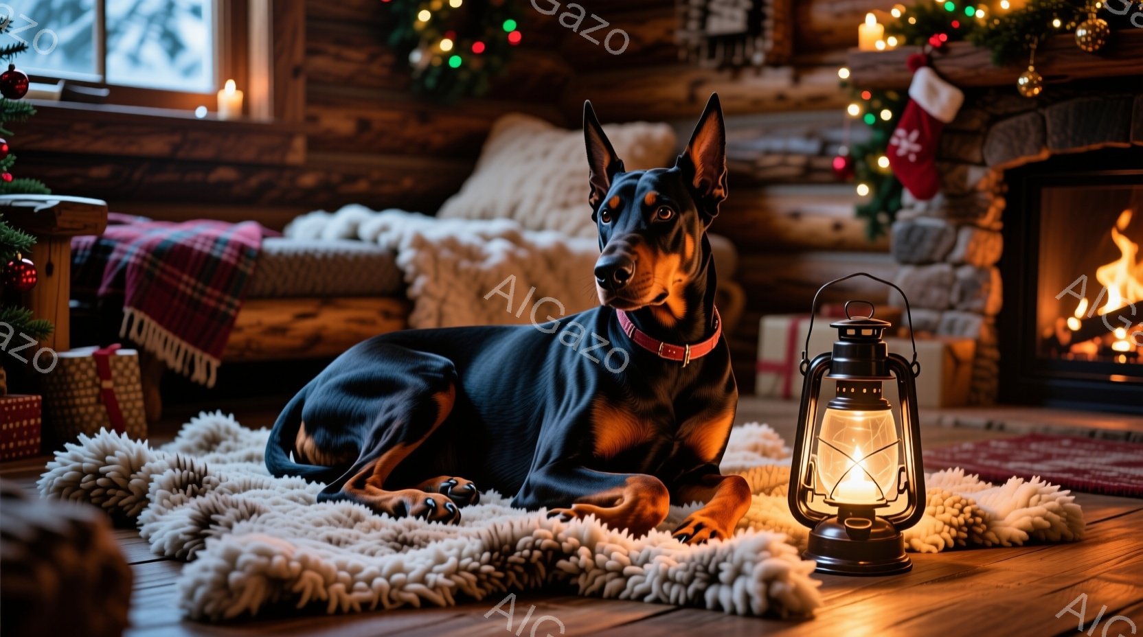 黒と茶色の毛並みを持つ小さな犬が、チェック柄のブランケットを敷いた籐の籠の中に横たわっています。犬は穏やかな表情で、リラックスした様子を見せています。背景にはクリスマスツリーとオーナメントがぼやけて見 - AI生成フリー素材