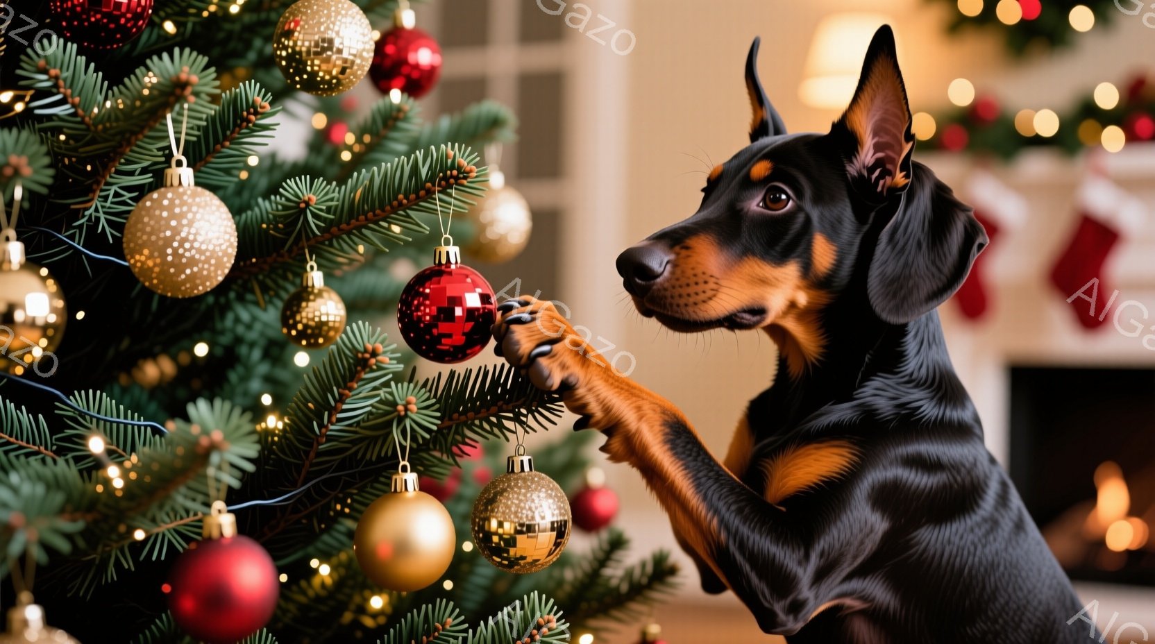 クリスマスツリーの枝に黒い毛並みのドーベルマンが前足を伸ばし、赤いオーナメントをじっと見つめている。背景には、暖炉と赤い靴下、そしてキラキラと光るクリスマスライトが見え、温かくお祝いムードに満ちている - AI生成フリー素材