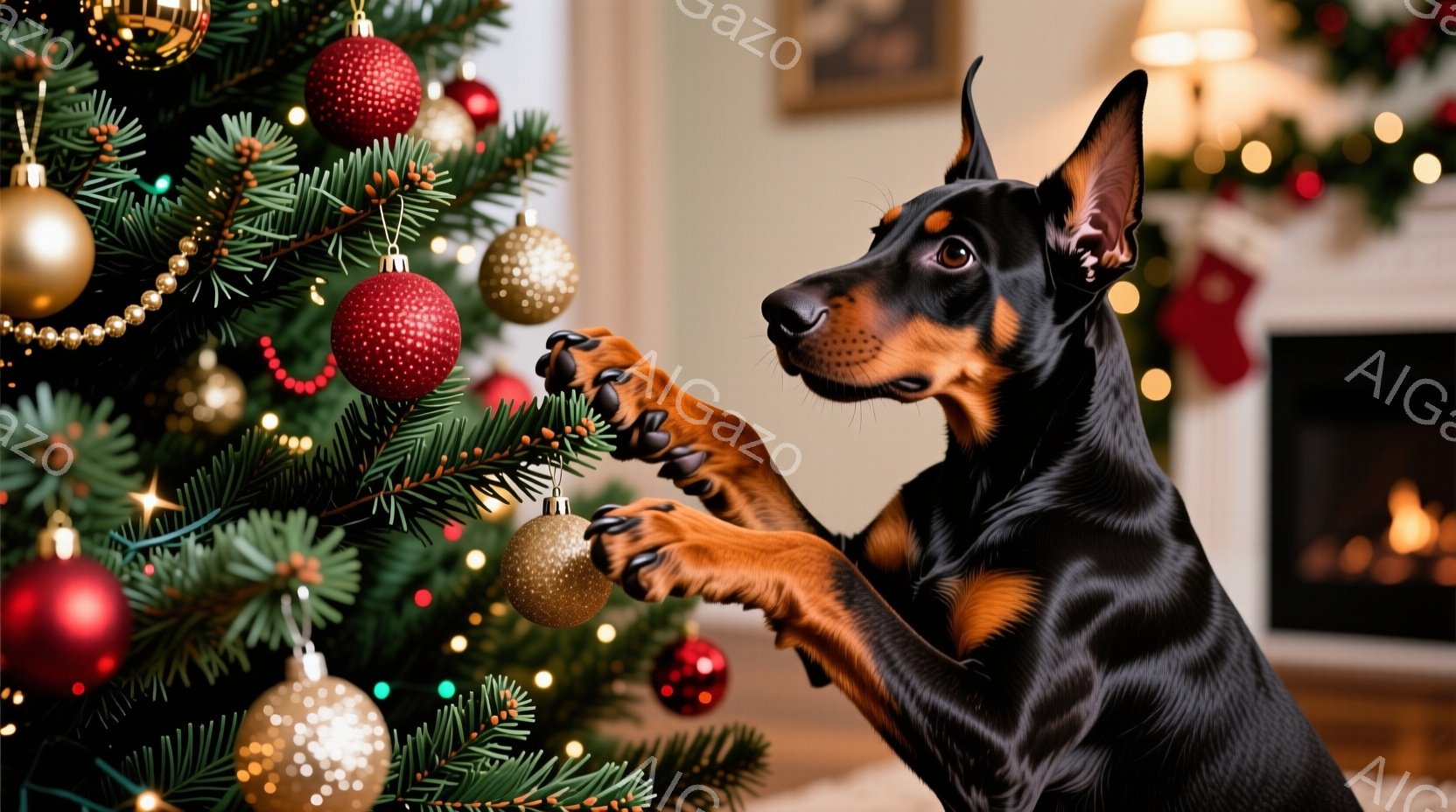 黒いドーベルマンがクリスマスツリーの枝に前足を伸ばし、金色のオーナメントを覗き込んでいる様子が写っている。背景には暖炉とクリスマスストッキング、そしてキラキラと輝くオーナメントで飾られたクリスマスツリーが見え、温かくお祝いムードに満ちている。犬は好奇心と遊び心に満ちた表情で、クリスマスの喜びを表現している。