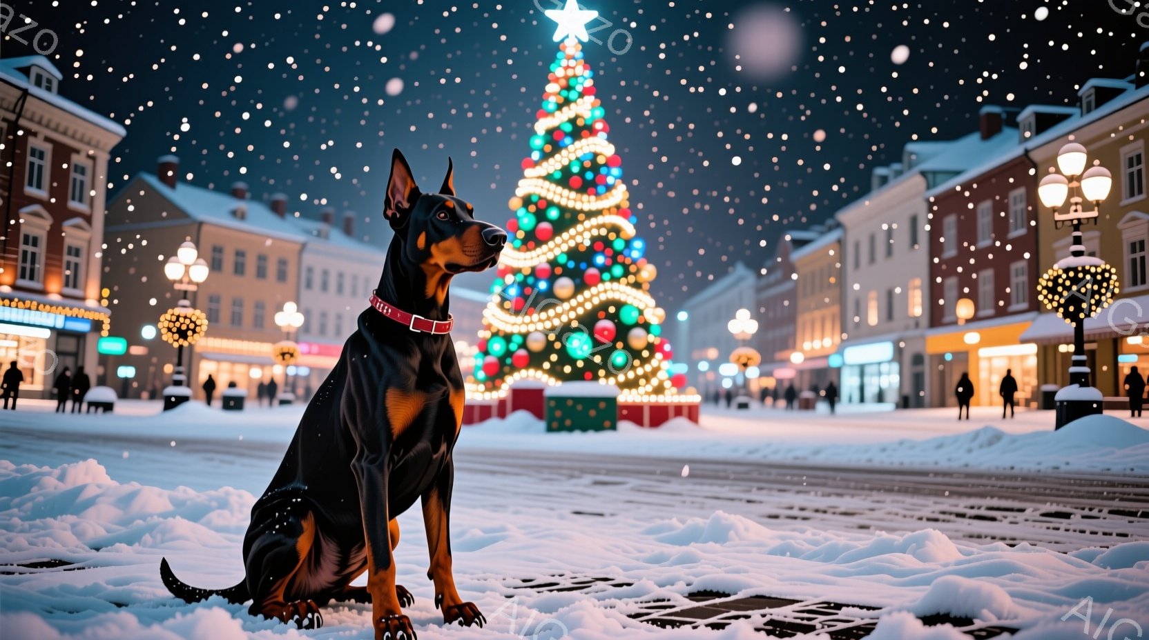 深い黒色の毛並みと茶色のアクセントが特徴的な2匹の子犬が、プレゼントとして包まれた箱の周りに寄り添っています。子犬たちは赤いリボンで飾られた箱を興味津々に見つめ、前足をわずかに伸ばして箱に近づこうとし - AI生成フリー素材