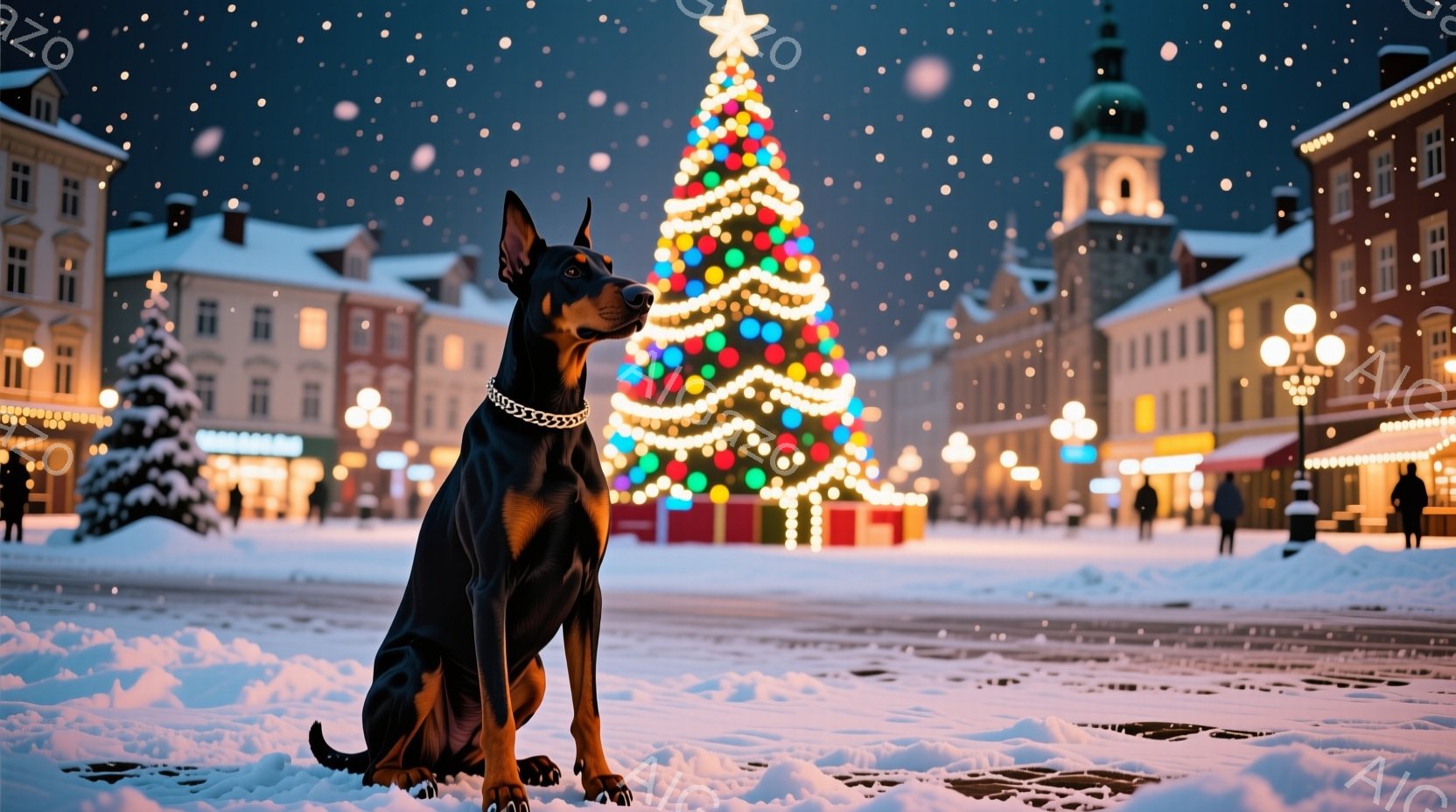 黒いドーベルマンが雪に覆われた広場の正面に座っており、背景には色とりどりのクリスマスツリーが聳え立っています。広場は夜で、建物がライトアップされ、遠くには人影が見えます。雪が舞っており、冬の祝祭の暖か - AI生成フリー素材