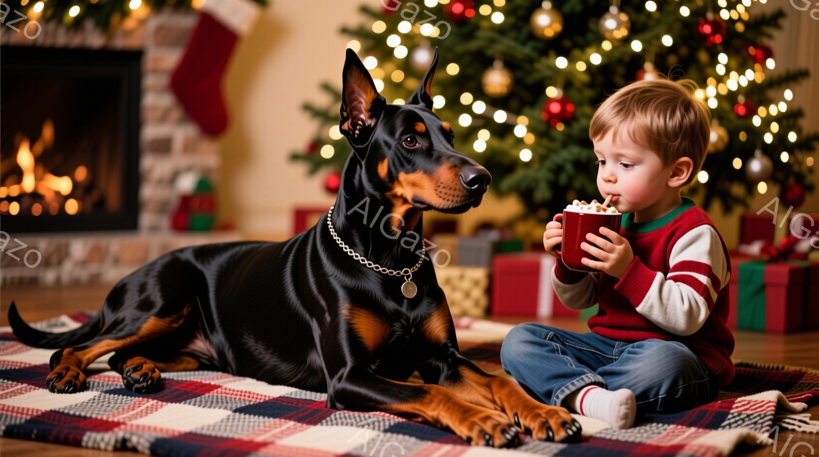 赤毛の少年が赤いセーターとジーンズを身につけ、膝を曲げて床に座り、片手にマグカップを持って何かを飲んでいます。彼の隣には、襟に金属製の首輪をつけた黒いドーベルマン犬が横たわり、リラックスした様子でこちらを見ています。背景にはクリスマスツリー、プレゼント、暖炉があり、暖かく幸せなクリスマスの雰囲気を感じさせます。