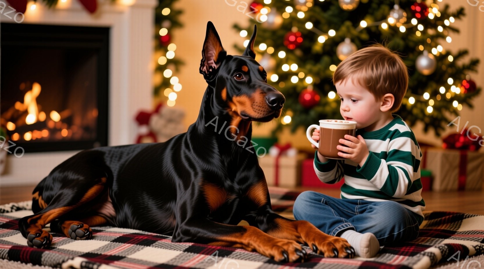 少年はチェック柄の敷物の上で、マグカップを両手で抱え、熱い飲み物を飲んでいるようだ。黒いドーベルマンが少年の隣に横たわり、リラックスした様子で少年のほうを見ている。背景にはクリスマスツリーが飾られ、暖炉の火が灯り、暖かい家庭的な雰囲気が漂っている。