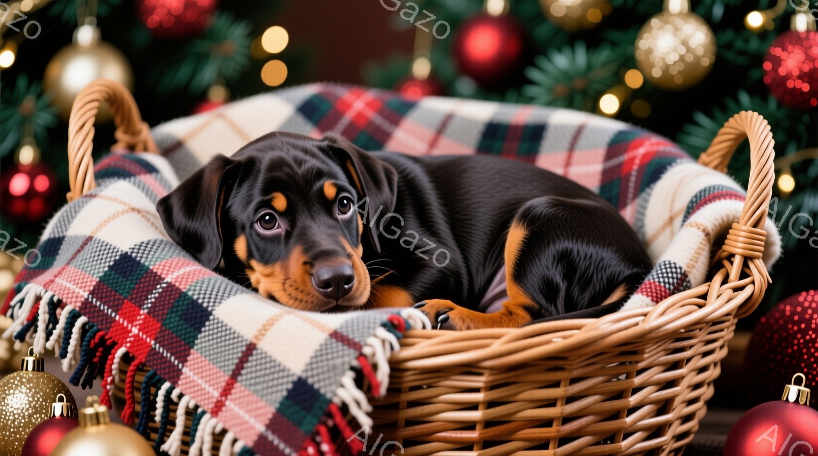 暗い毛並みの犬が、カーキ色のふわふわしたラグの上に仰向けになり、クリスマスツリーのイルミネーションライトに体を巻き付けられています。犬はリラックスした様子で、前足を伸ばし、穏やかな表情でカメラを見つめ - AI生成フリー素材