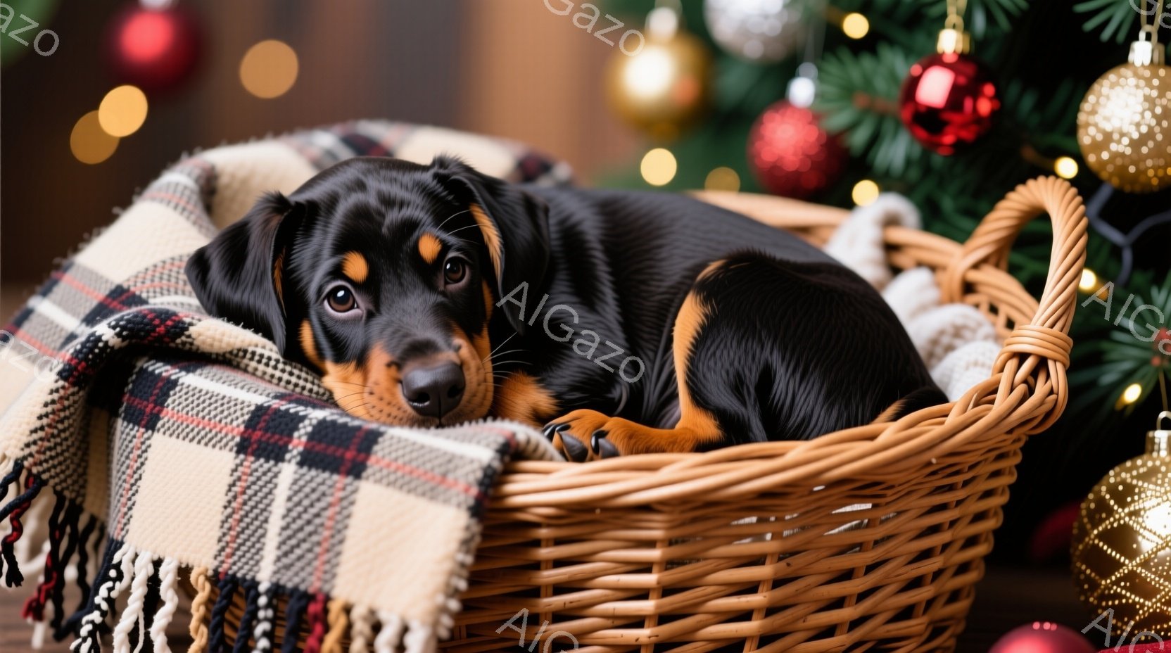 籐編みのバスケットの中に、黒と茶色の毛並みを持つ子犬が横たわっています。子犬はチェック柄のブランケットに頭を預け、穏やかな表情でこちらを見つめており、リラックスした様子が伺えます。背景にはクリスマスツ - AI生成フリー素材
