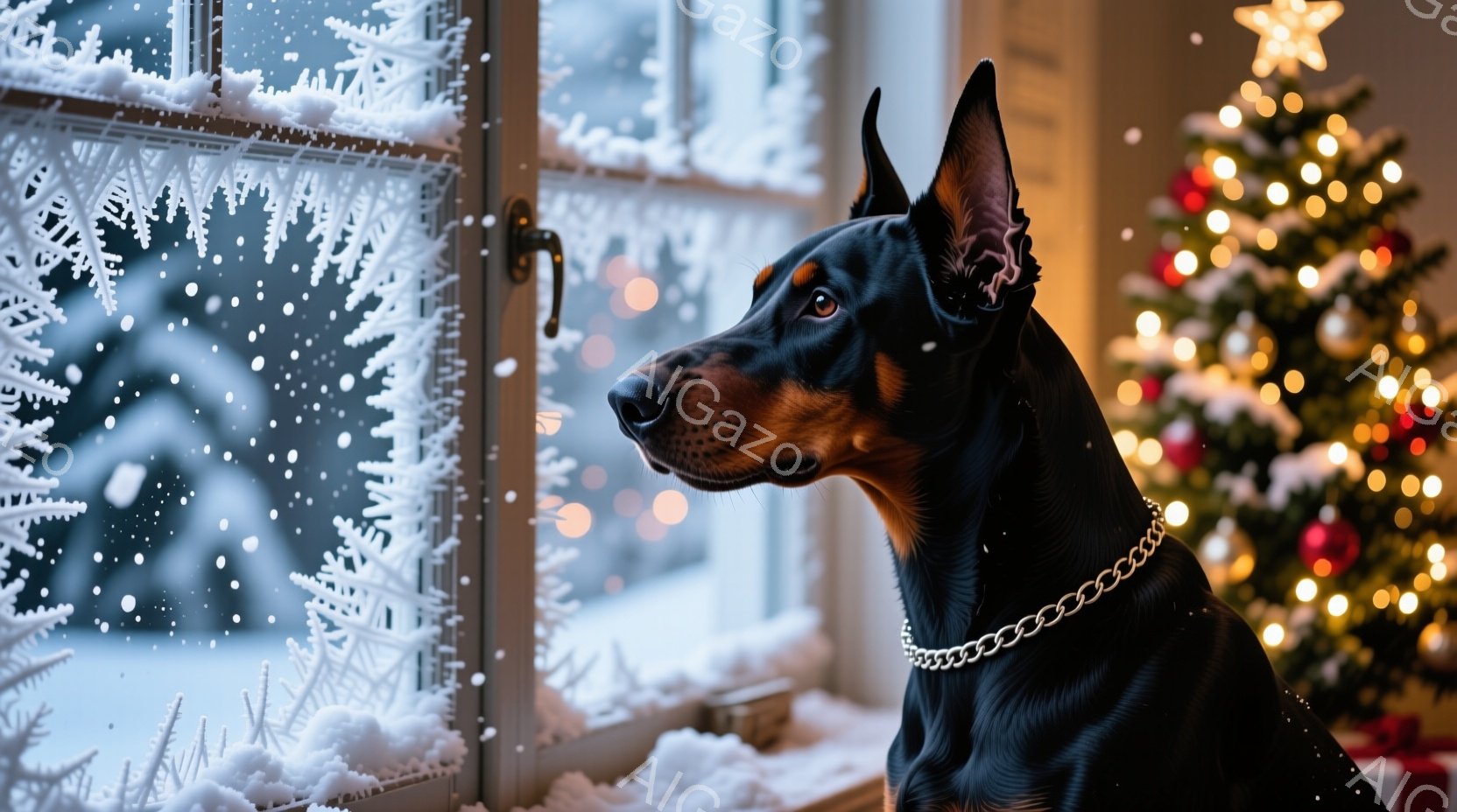 黒いドーベルマンが、クリスマスツリーの下に置かれたカラフルなプレゼントの山の中に横たわっています。ドーベルマンは首輪をつけており、リラックスした表情で正面を見つめています。背景には緑豊かなクリスマスツ - AI生成フリー素材