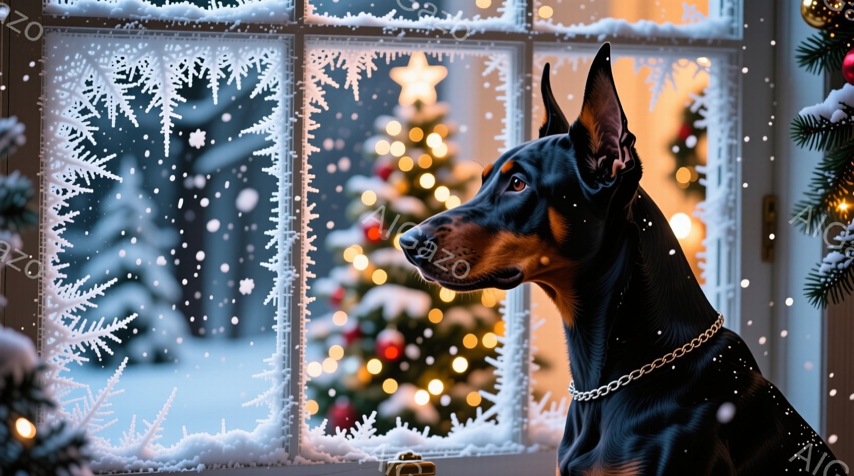 ドーベルマンが窓の外の雪景色を眺めている。窓は霜や雪の模様で飾られており、背景にはぼやけたクリスマスツリーの光が暖かく輝いている。犬は黒い首輪をつけ、凛々しく、少し物憂げな表情で、冬の静寂を感じさせる - AI生成フリー素材