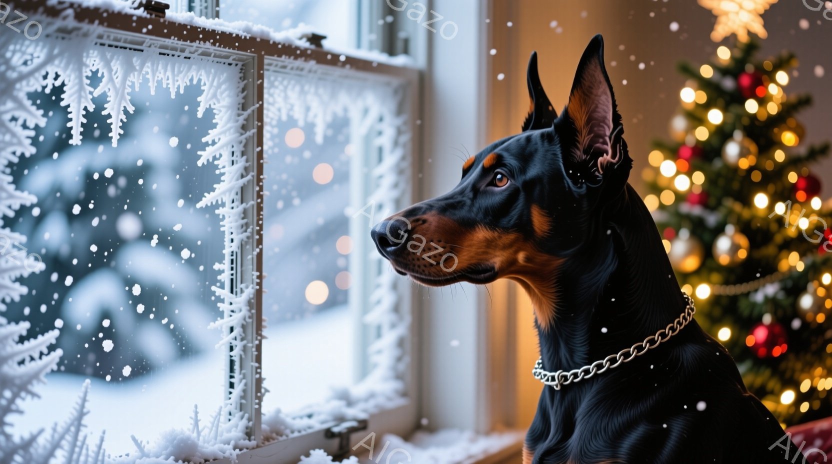 窓の外の雪景色を眺めるドーベルマンが描かれています。黒い毛並みと茶色の斑点を持つ犬は、金属製の首輪をつけ、少し物憂げな表情で遠くを見つめています。背景にはクリスマスツリーが飾られ、室内は温かく、雪が舞 - AI生成フリー素材