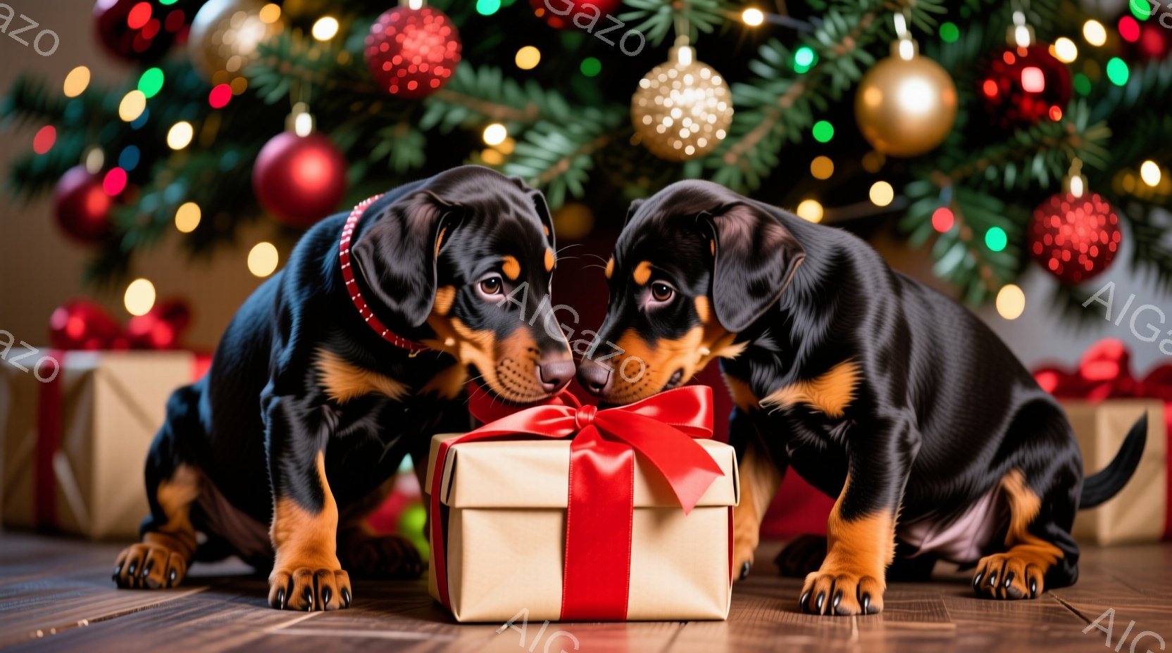 2匹のダックスフントが、赤いリボンで結ばれたプレゼントの箱の周りに寄り添っています。彼らは茶色と黒の毛並みで、好奇心と期待に満ちた表情をしています。背景には、クリスマスツリーの輝きと装飾がぼやけており - AI生成フリー素材