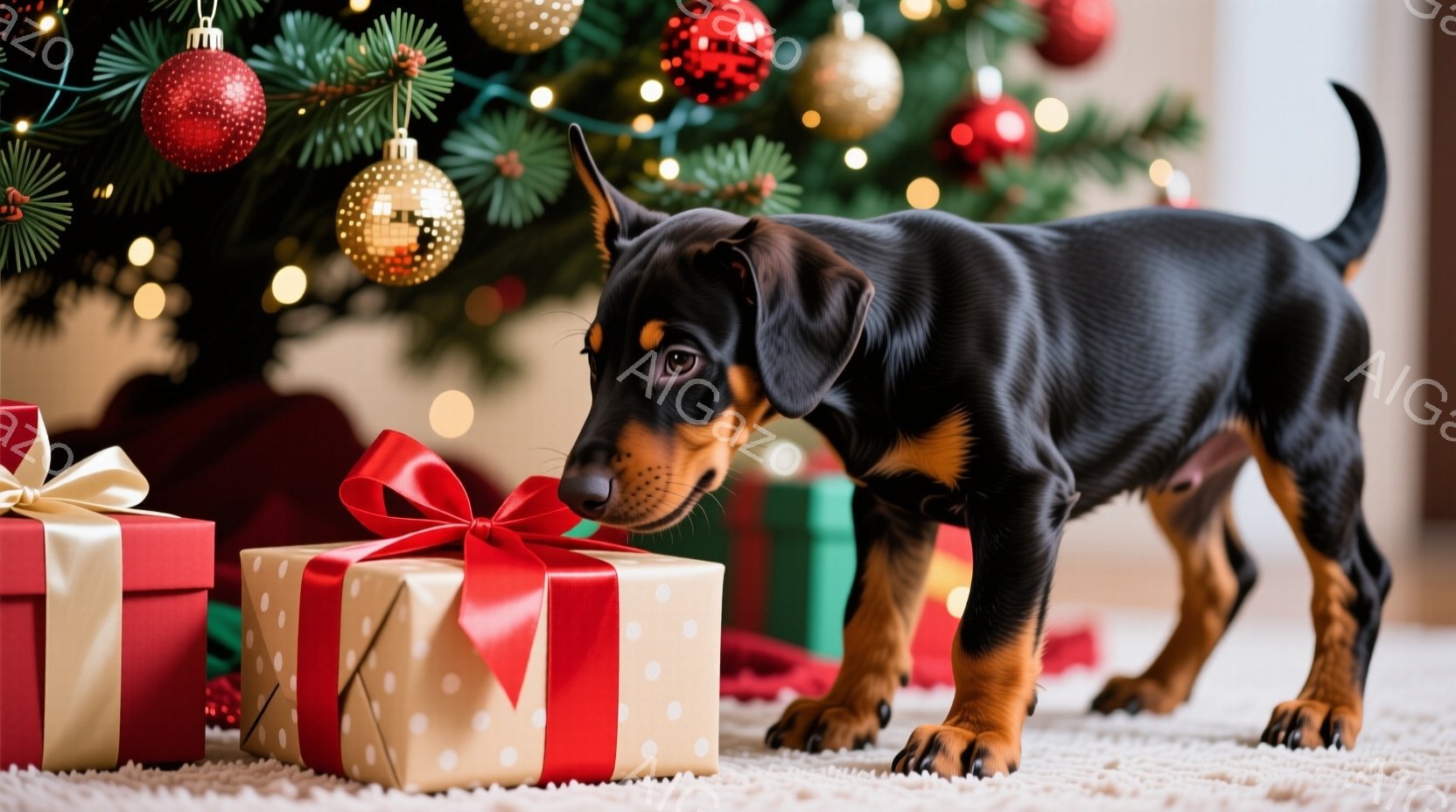 鮮やかなクリスマスツリーを背景に、黒と茶色の毛並みの小さな犬がプレゼントボックスの匂いを嗅いでいます。犬は好奇心旺盛な表情で、前足でプレゼントに近づき、赤いリボンが印象的です。背景には、他のプレゼント - AI生成フリー素材