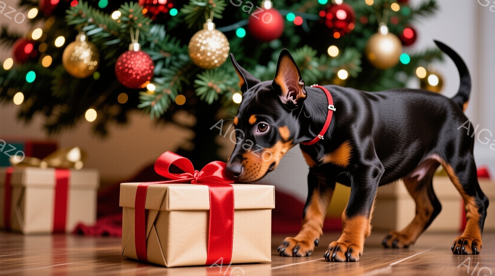黒と茶色の毛並みを持つ小型犬が、赤いリボンで結ばれた茶色のギフトボックスの前にそっと鼻を近づけています。背景には、様々な色のオーナメントで飾られたクリスマスツリーがあり、暖かく、お祝いの雰囲気を醸し出 - AI生成フリー素材