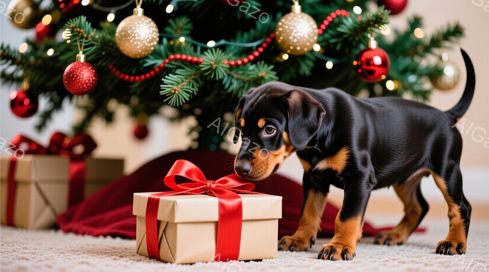 室内にはクリスマスツリーが飾られており、赤いオーナメントや金色のボールが輝いています。小さな黒い子犬が、赤いリボンで結ばれたプレゼントの箱に鼻を近づけており、興味津々で匂いを嗅いでいる様子が伺えます。 - AI生成フリー素材