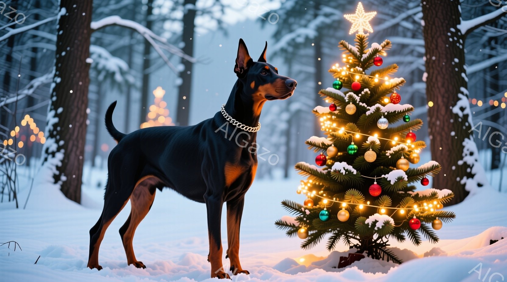 真っ黒なドーベルマンが雪景色の中でクリスマスツリーの隣に立っている。ツリーは様々な色のオーナメントと電飾で飾られ、暖かく輝いている。背景には雪に覆われた木々があり、まるで冬のワンダーランドのような雰囲気を作り出している。