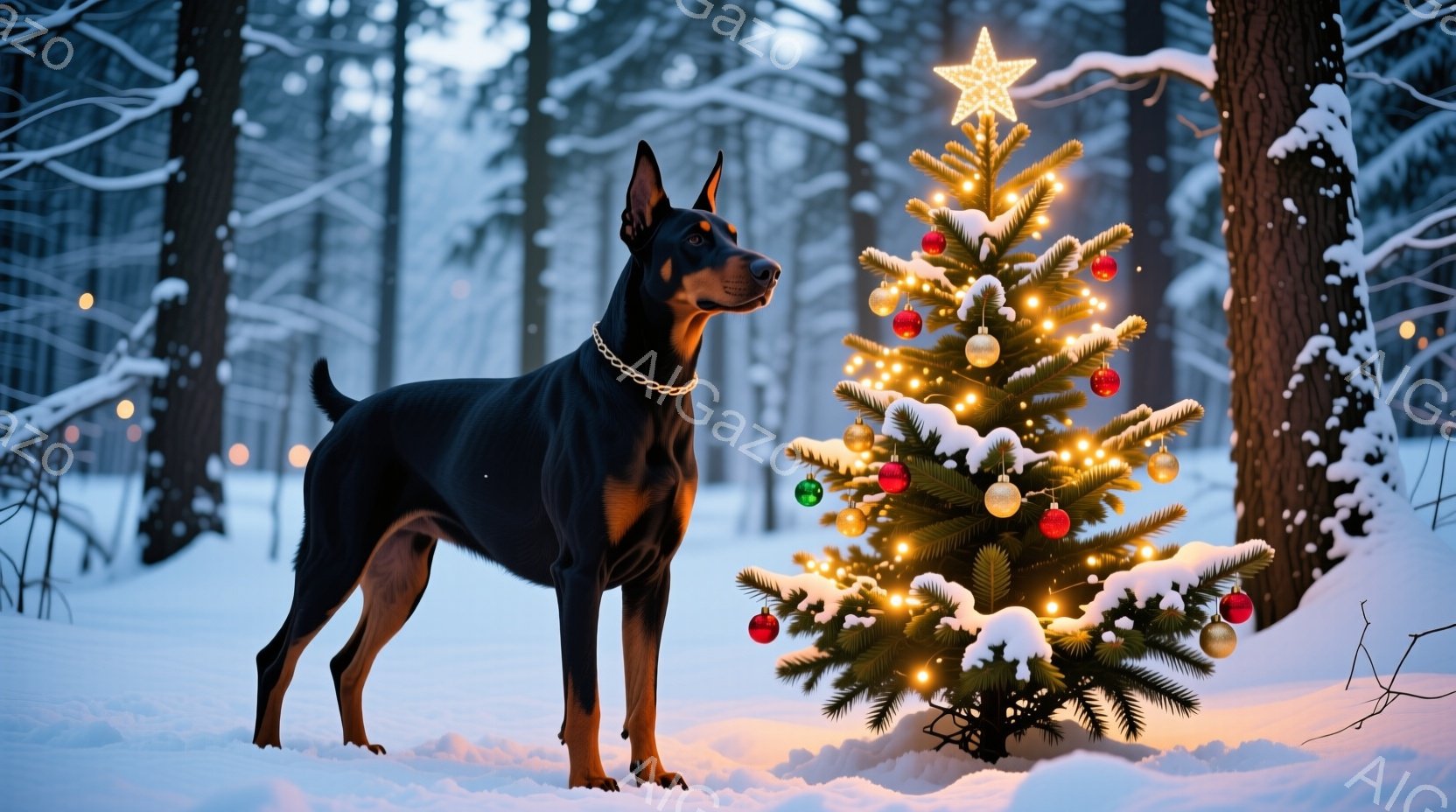 真っ白な雪景色の中に、黒いドーベルマンが立っており、その隣には飾られたクリスマスツリーが輝いている。ドーベルマンは首輪をつけて凛々しく立ち、少し上を見つめている。背景には雪で覆われた木々が立ち並び、ク - AI生成フリー素材