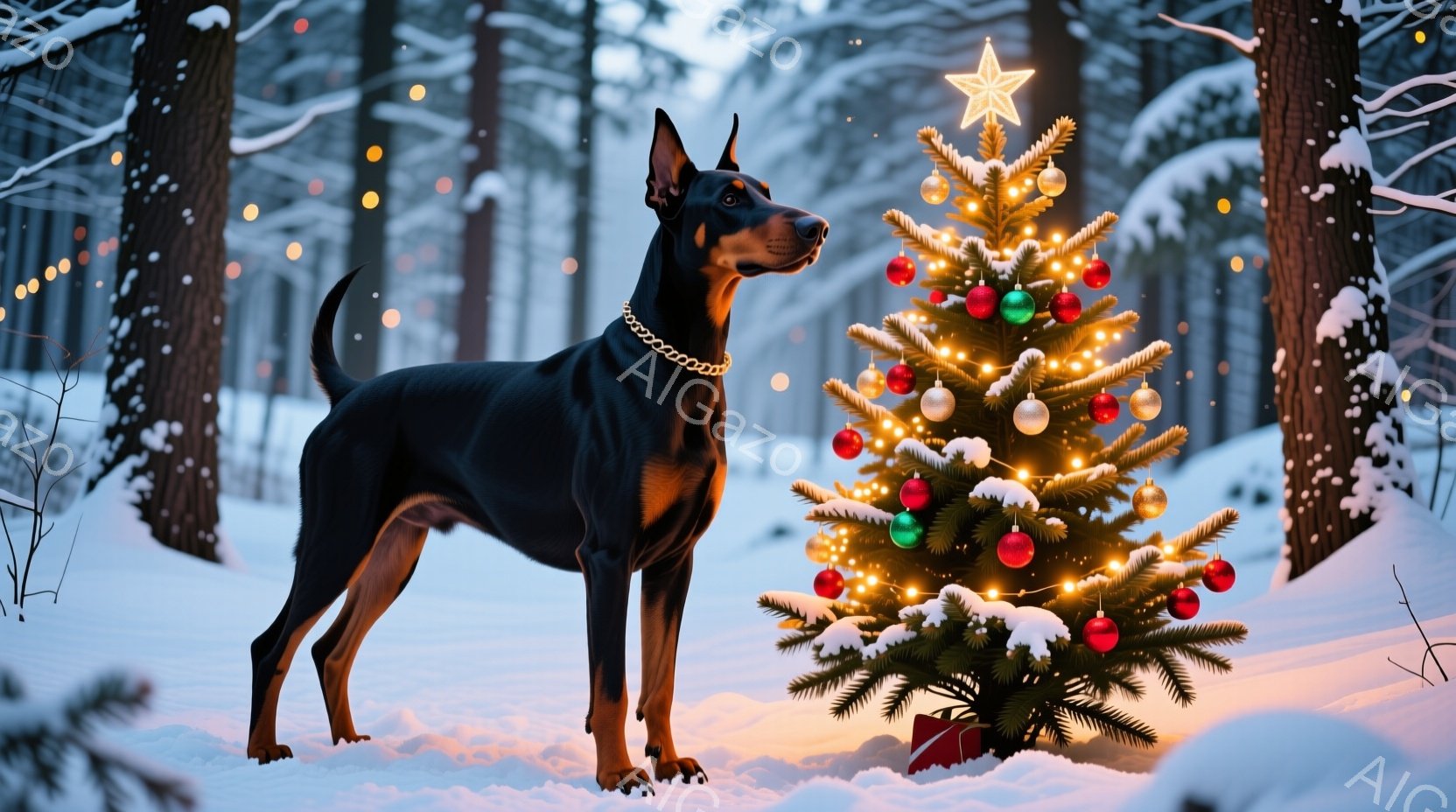 黒いドーベルマン犬が雪景色の中で、クリスマスツリーの隣に立っている。犬は首輪をつけており、鋭い眼差しでどこかを見つめている。背景には雪に覆われた木々が立ち並び、キラキラと輝く電飾が冬の静寂と温かい祝祭 - AI生成フリー素材