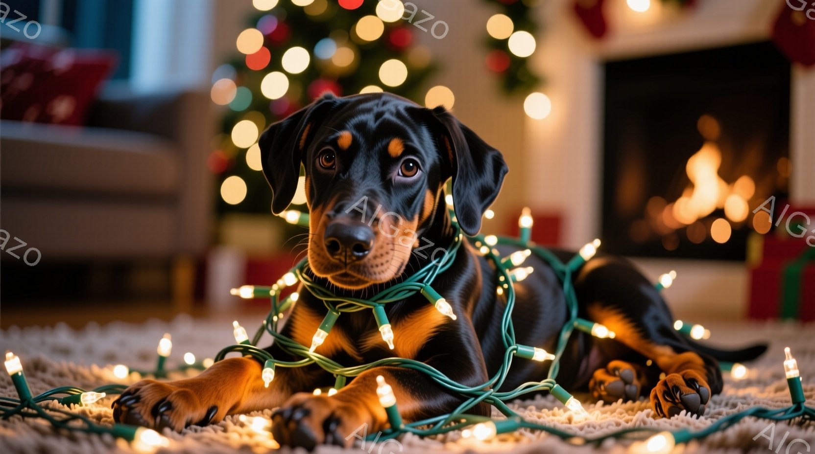 黒い毛並みの犬が、クリーム色のラグの上に横たわり、クリスマスツリーのイルミネーションライトに絡まっています。犬は前足を伸ばし、リラックスした様子でカメラを見つめており、わずかに口角が上がったような穏や - AI生成フリー素材